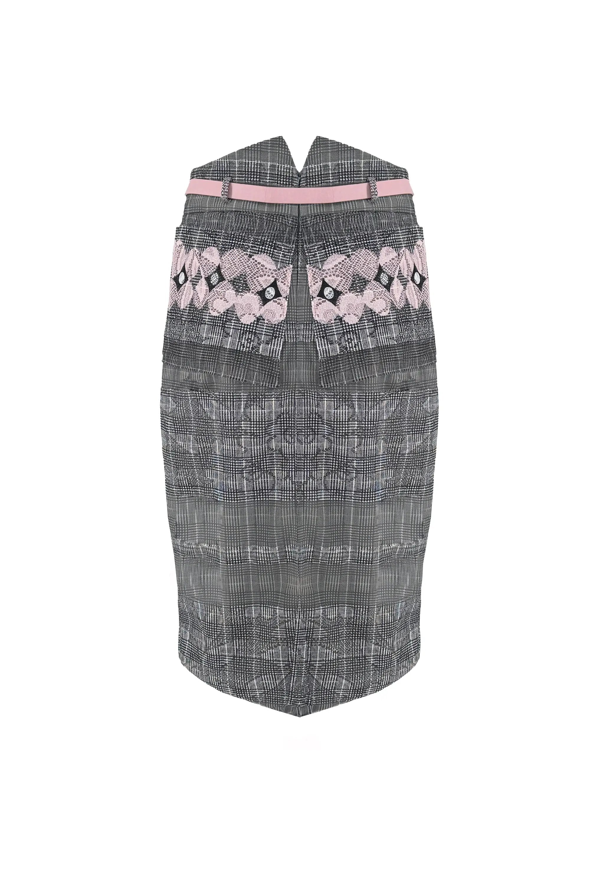 Chic Ensemble: Blush Pink Sheer Top with Plaid Pencil Skirt and Lace Details ULA