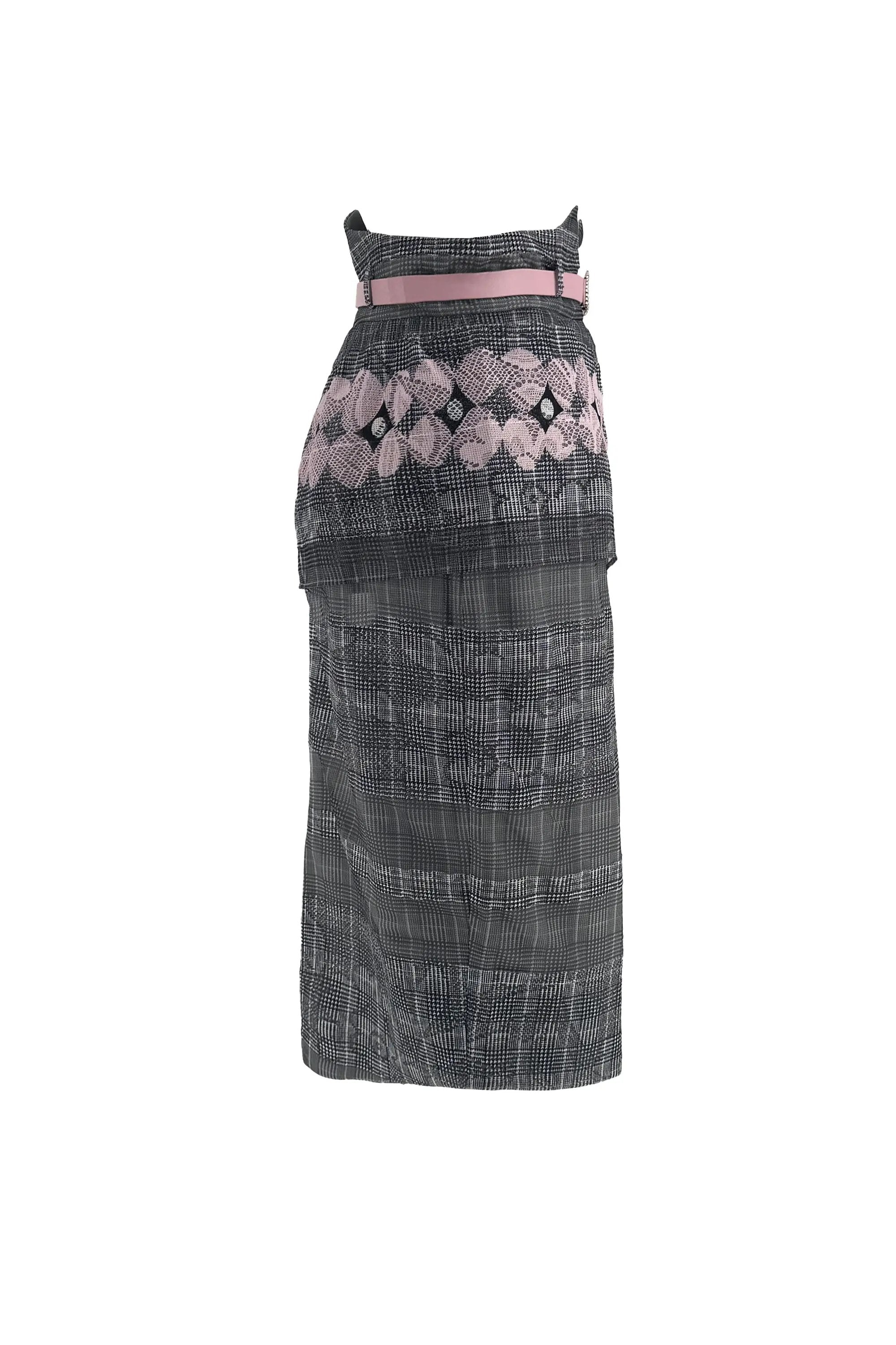 Chic Ensemble: Blush Pink Sheer Top with Plaid Pencil Skirt and Lace Details ULA