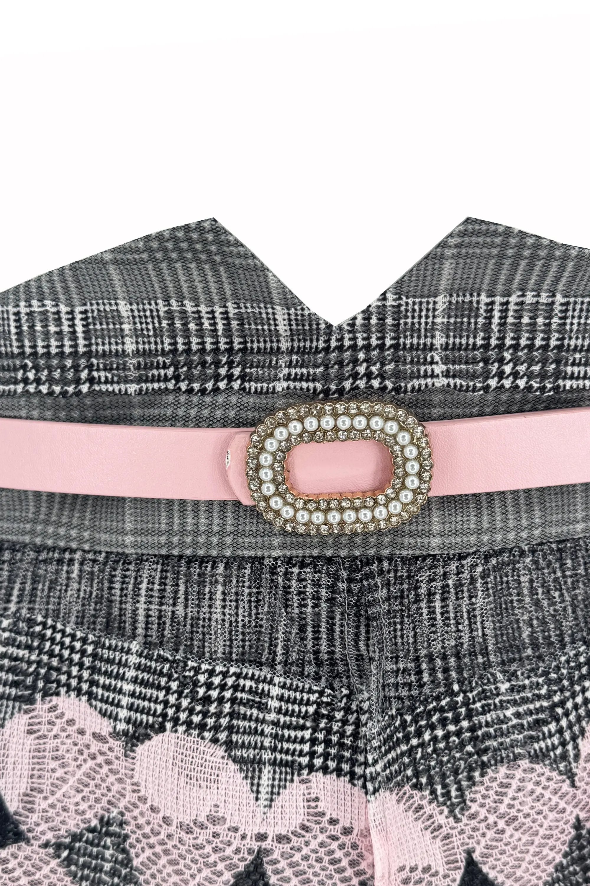 Chic Ensemble: Blush Pink Sheer Top with Plaid Pencil Skirt and Lace Details ULA