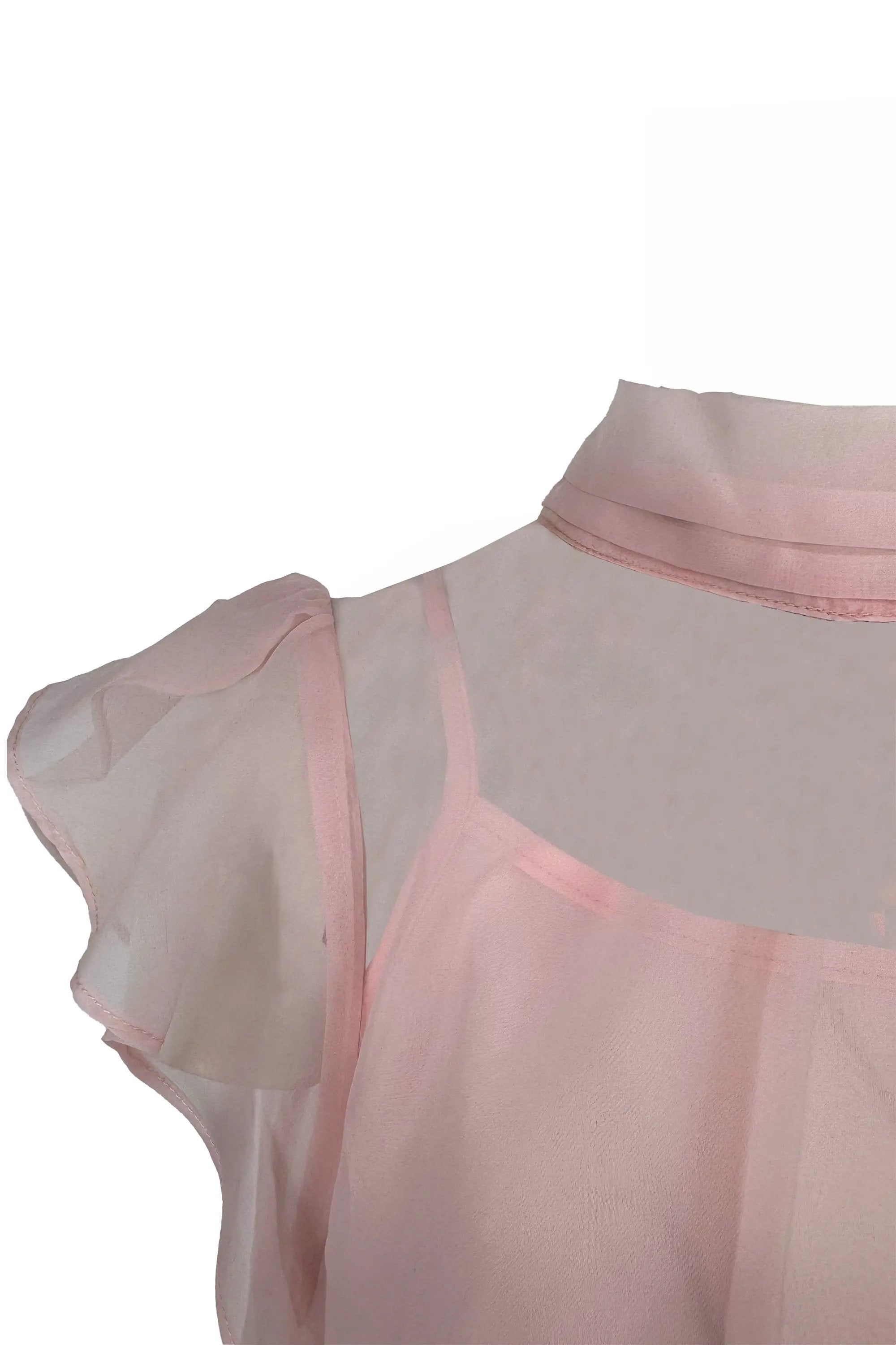 Chic Ensemble: Blush Pink Sheer Top with Plaid Pencil Skirt and Lace Details ULA