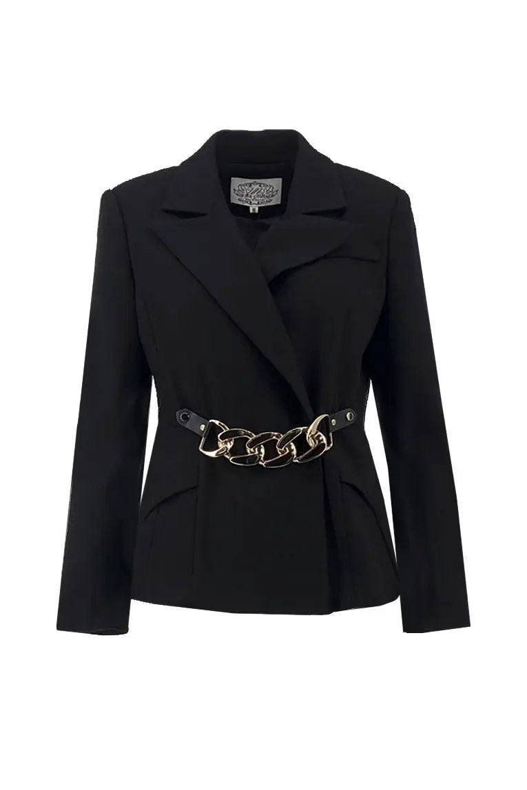 New V-neck waist tied long sleeved black suit dress temperament two-piece set ULA