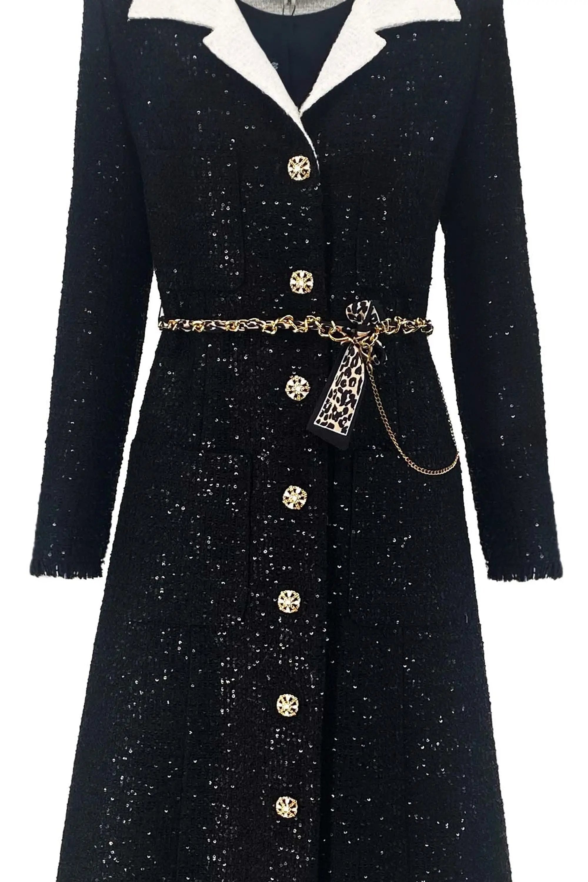 Glamorous Black Sparkle Coat with White Collar and Leopard Print Belt ULA