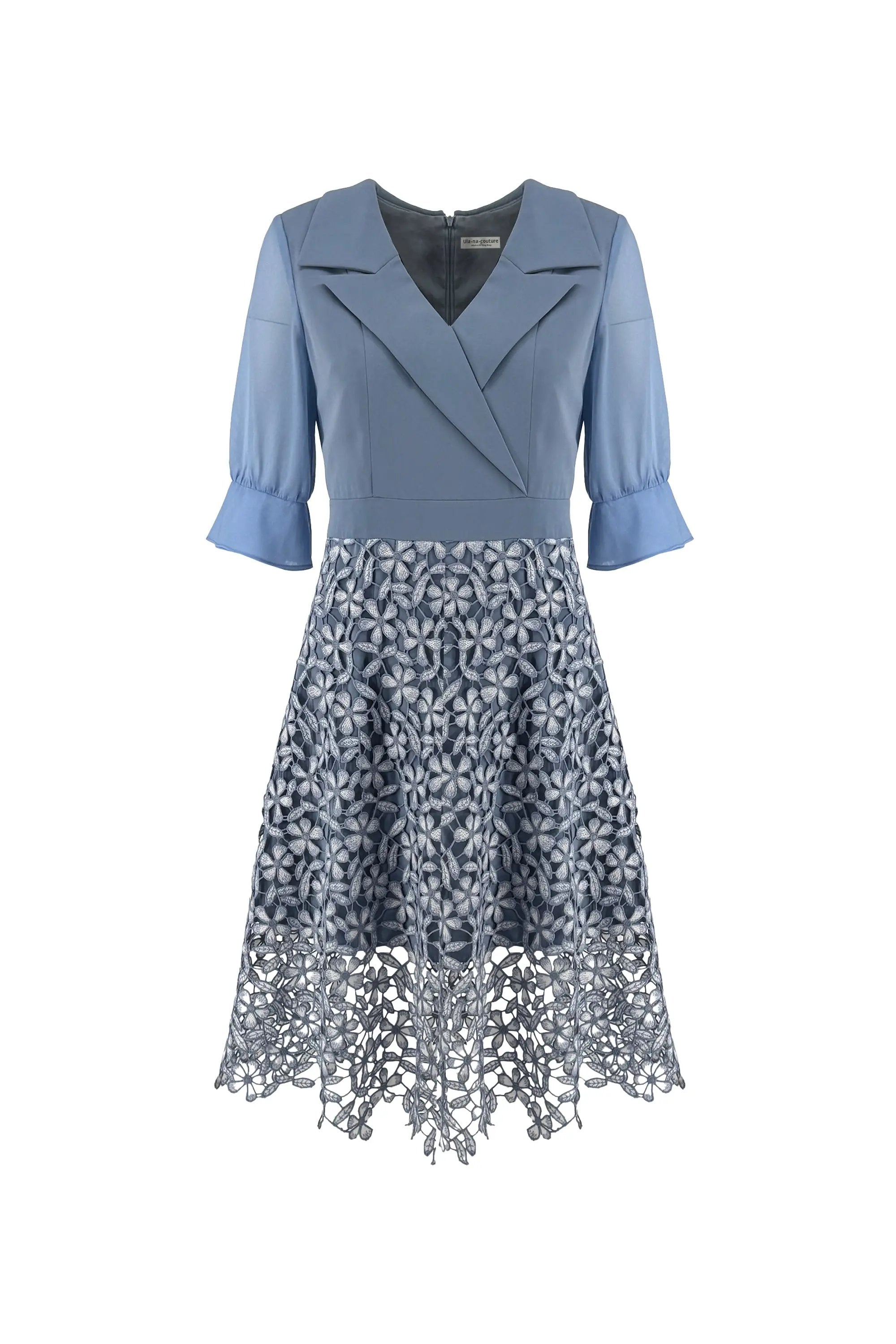 Elegant Light Blue Dress with Floral Lace Skirt ULA