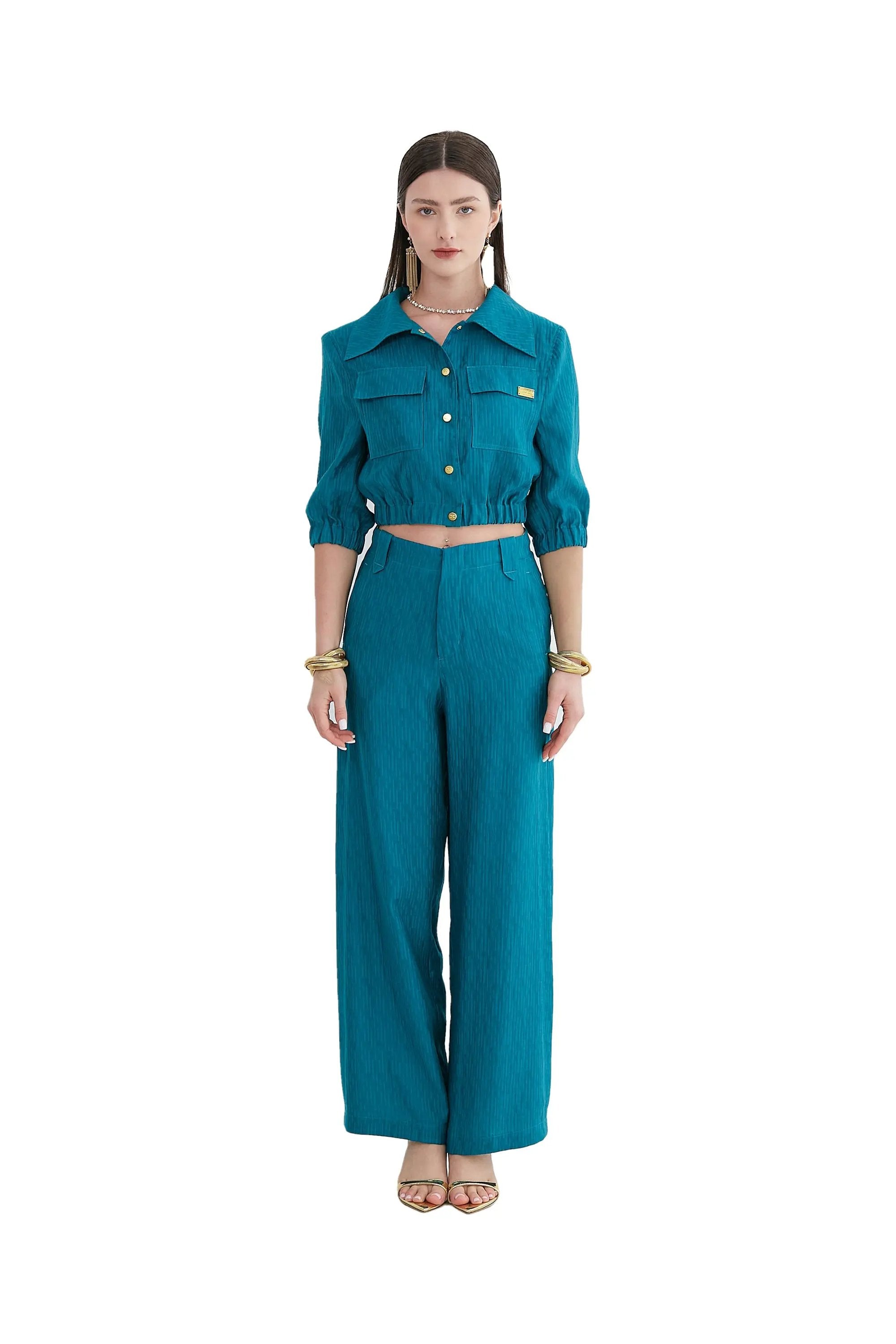 Ladies' V-neck Waist Cinching And Exposed Navel Fashionable and Elegant Set ULA