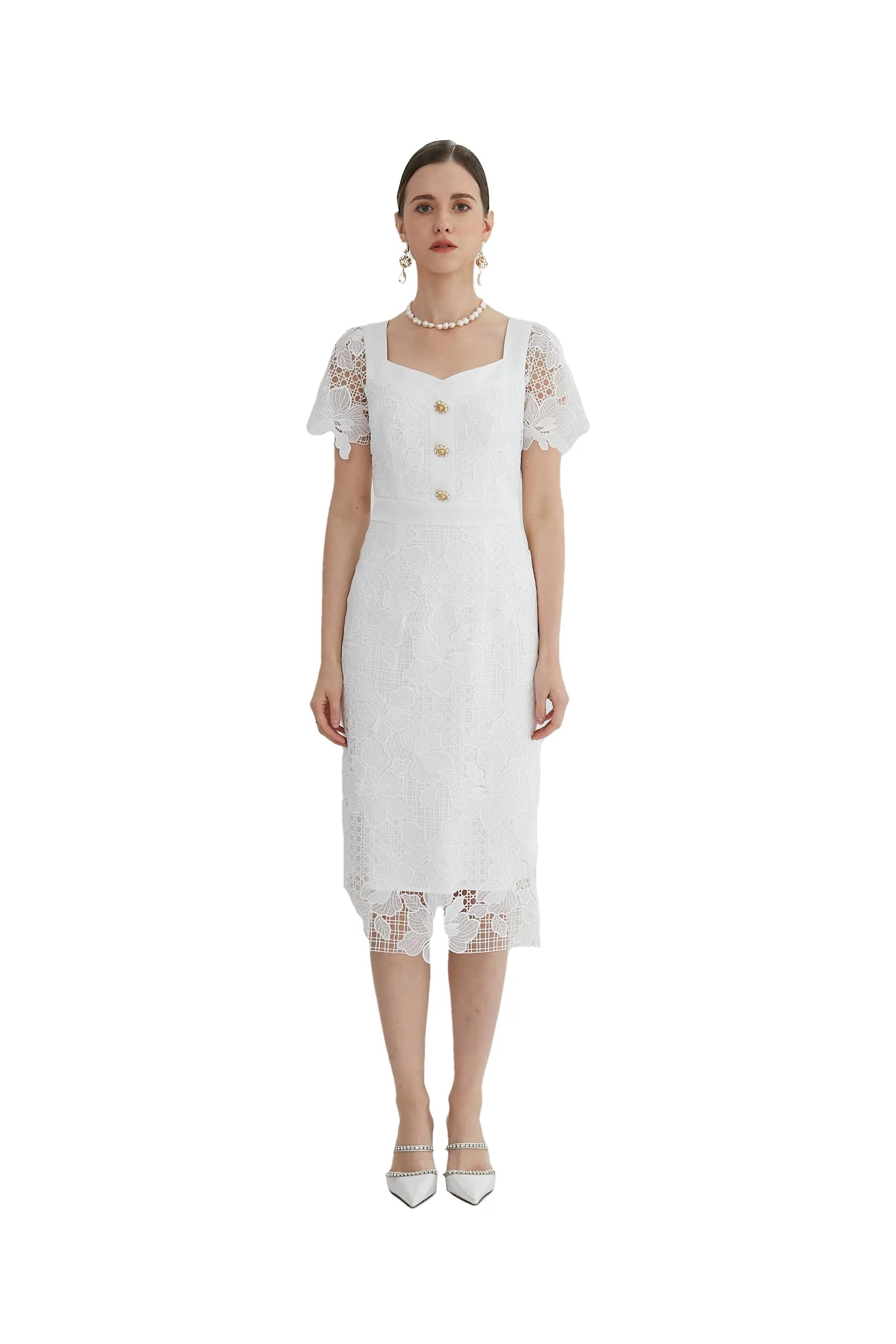 Ladies' Elegant Summer Temperament Square Collar Lace Waist Skirt ULA