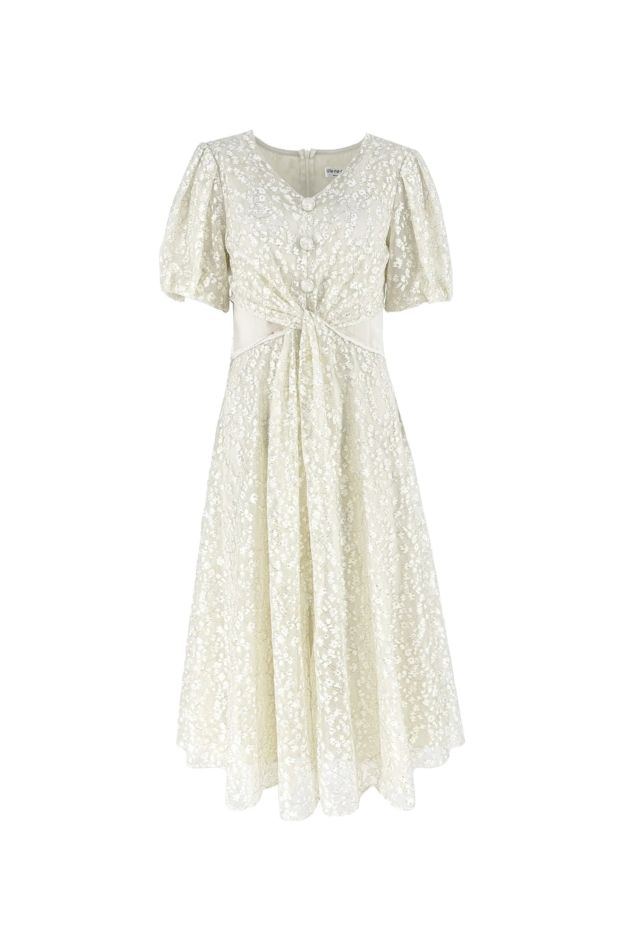 Ladies' Summer Gentle and Simple Lace V-neck Waist Cinched Dress ULA