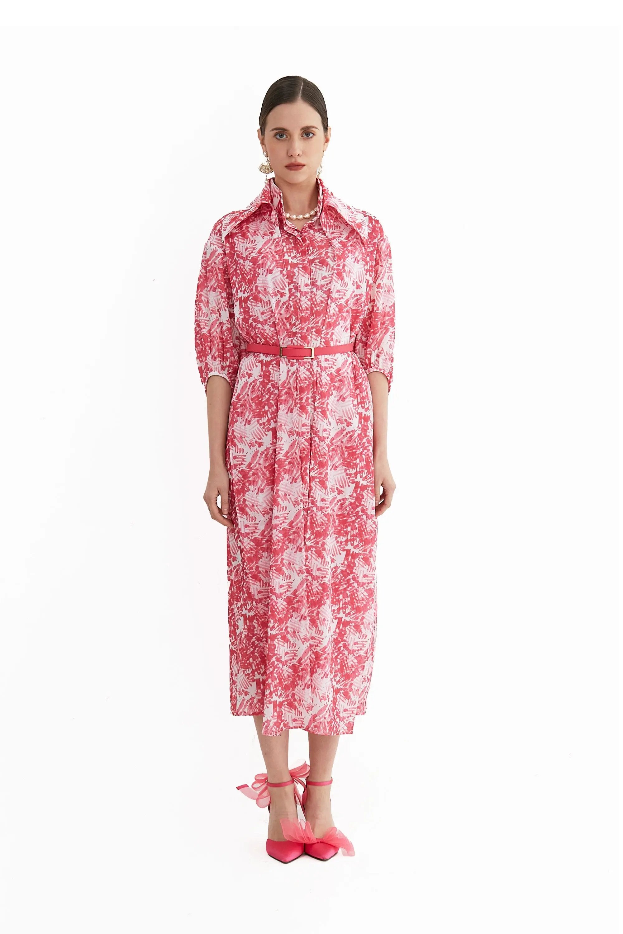 Women's Spring and Summer Stand Collar Belted Vibrant Elegant  Dress ULA