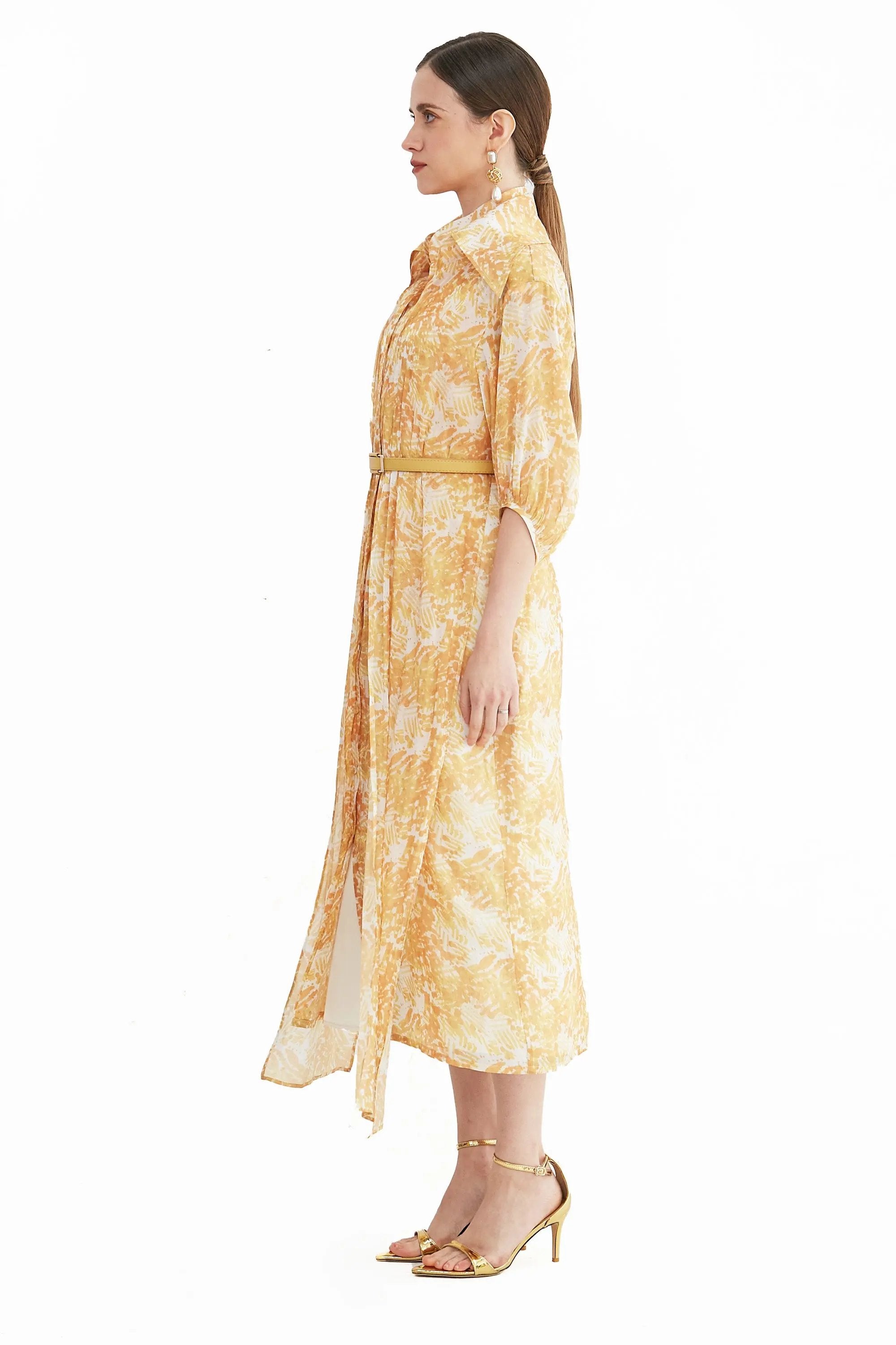 Women's Spring and Summer Stand Collar Belted Vibrant Elegant  Dress ULA