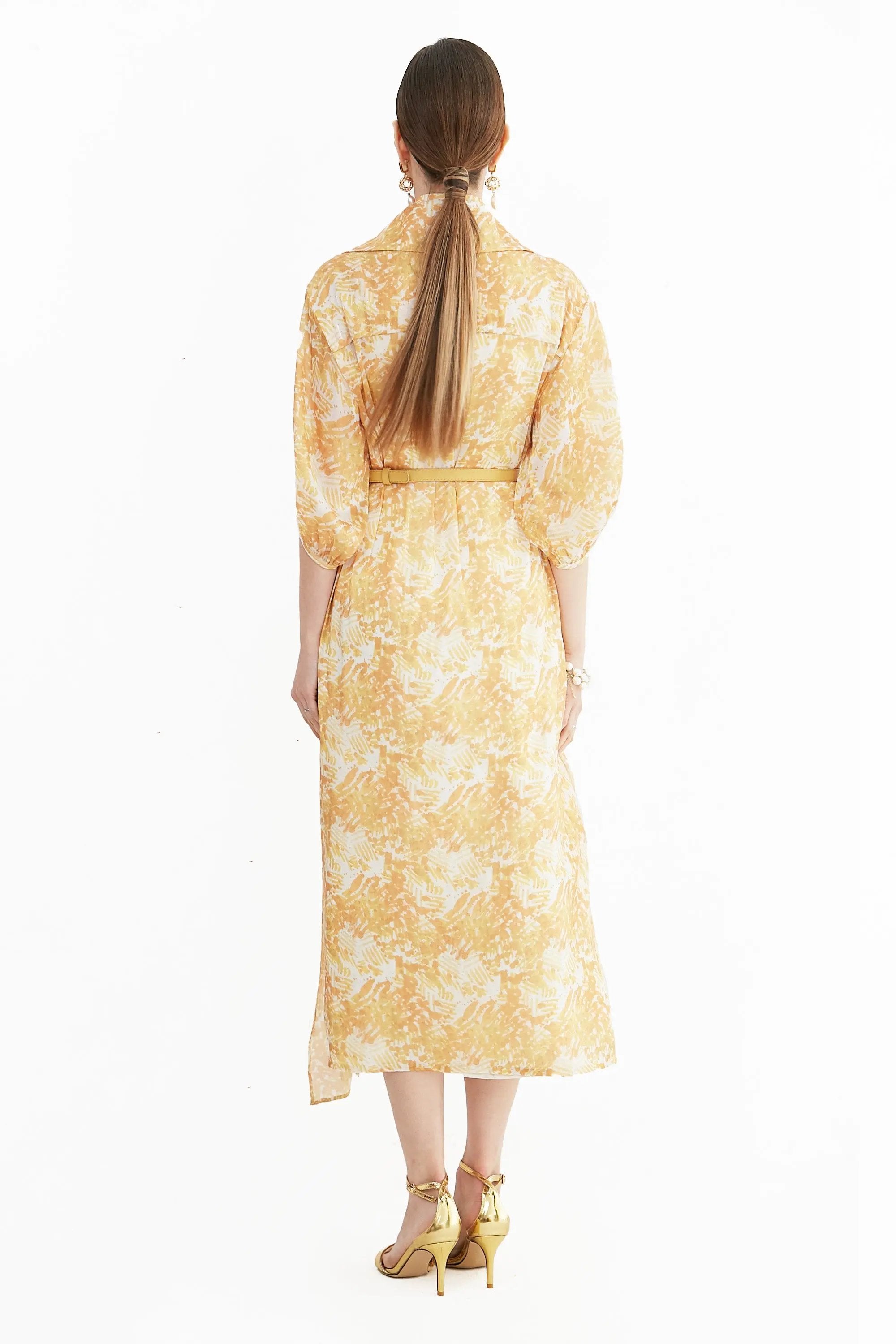 Women's Spring and Summer Stand Collar Belted Vibrant Elegant  Dress ULA