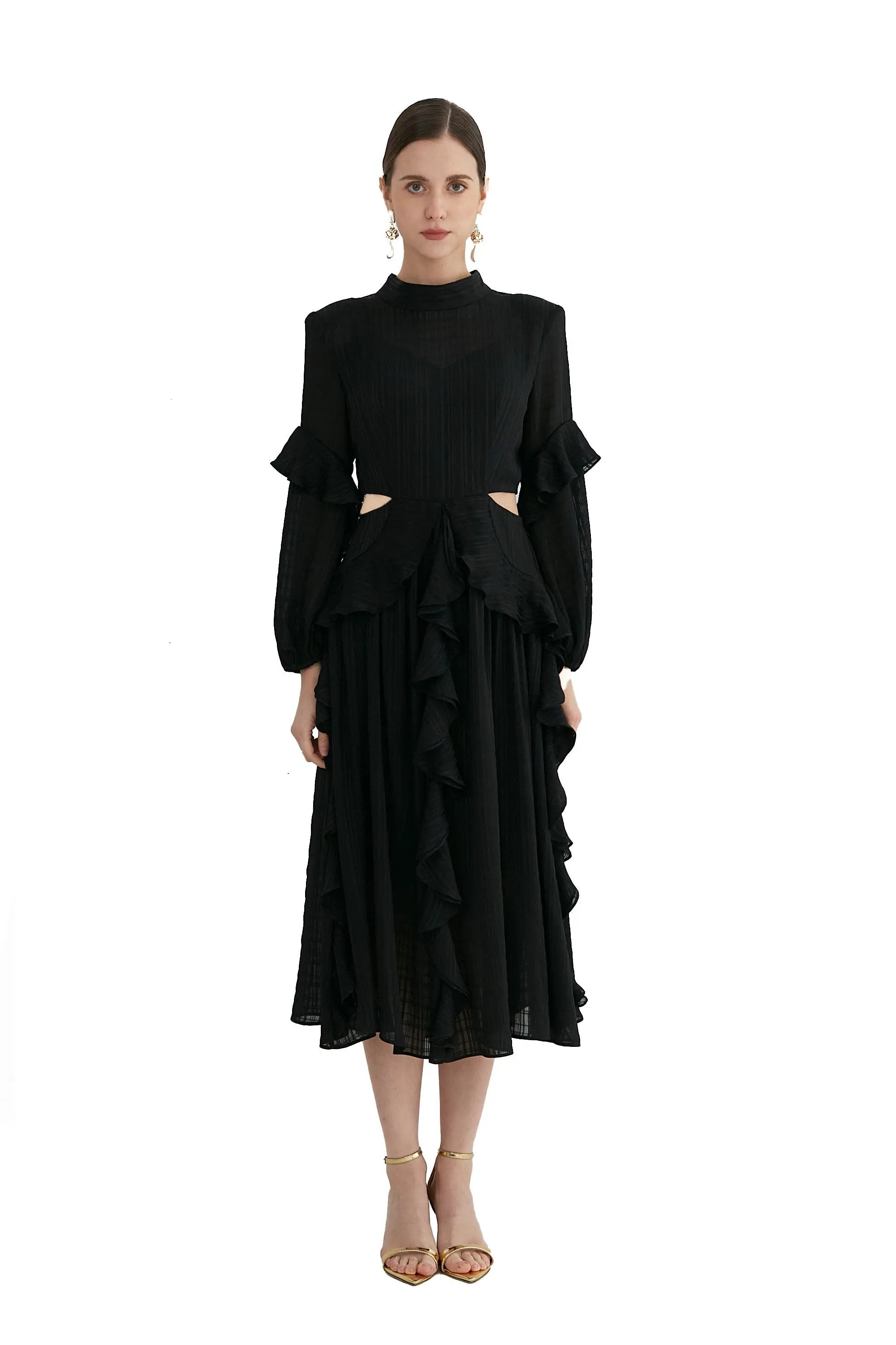 French Long-sleeved Pleated Waist-revealing Elegant Long Dress ULA