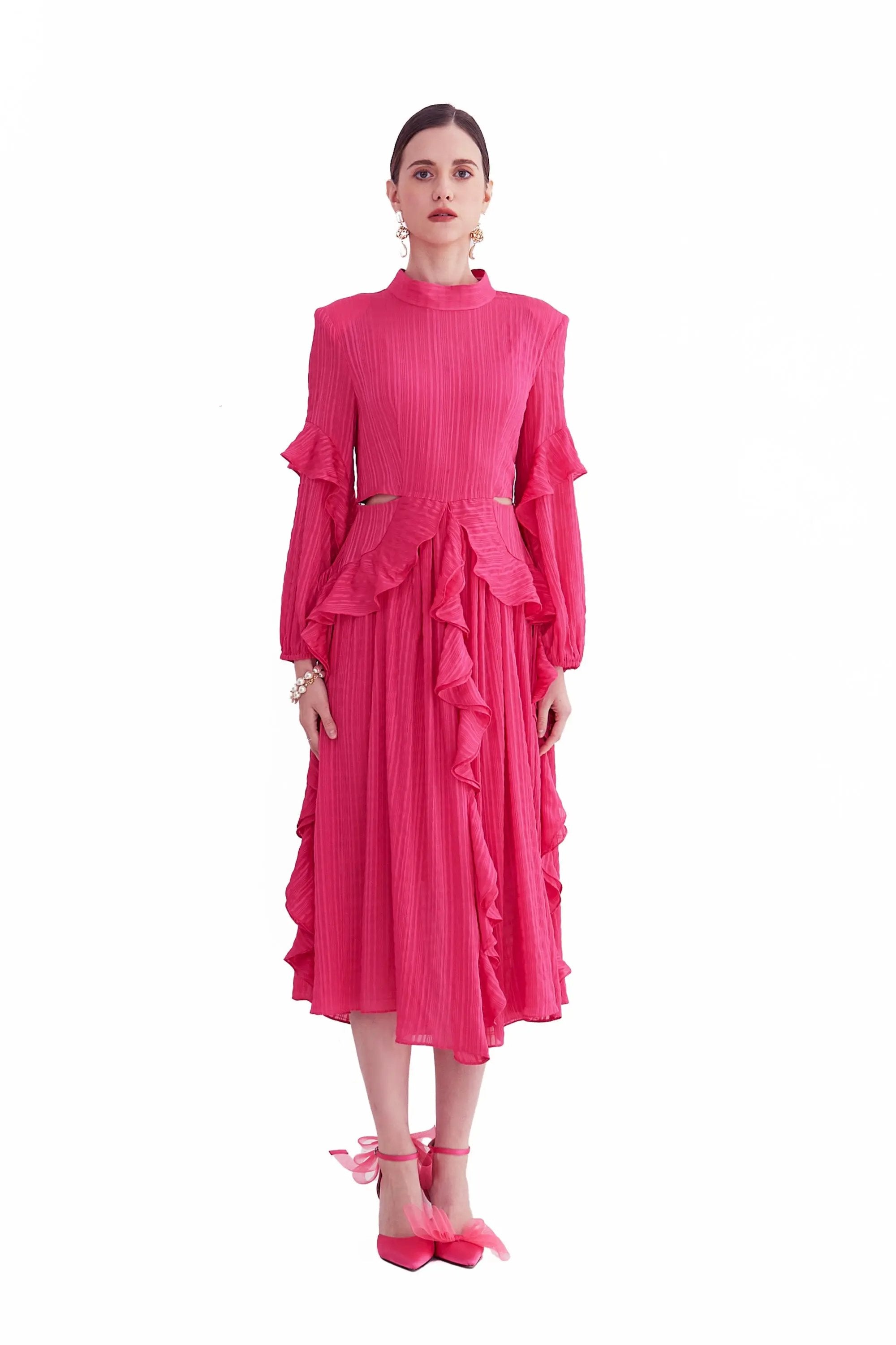 French Long-sleeved Pleated Waist-revealing Elegant Long Dress ULA