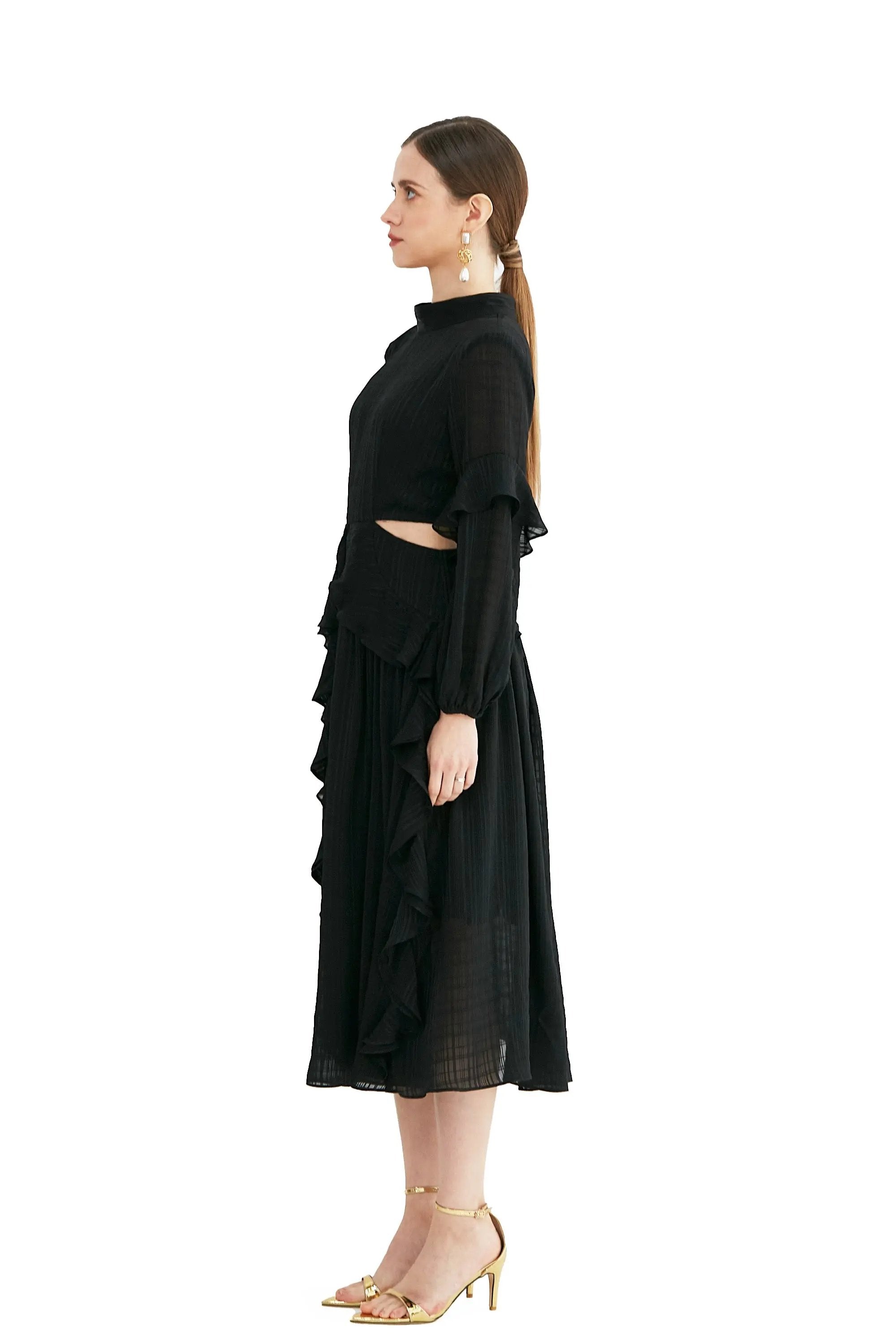 French Long-sleeved Pleated Waist-revealing Elegant Long Dress ULA