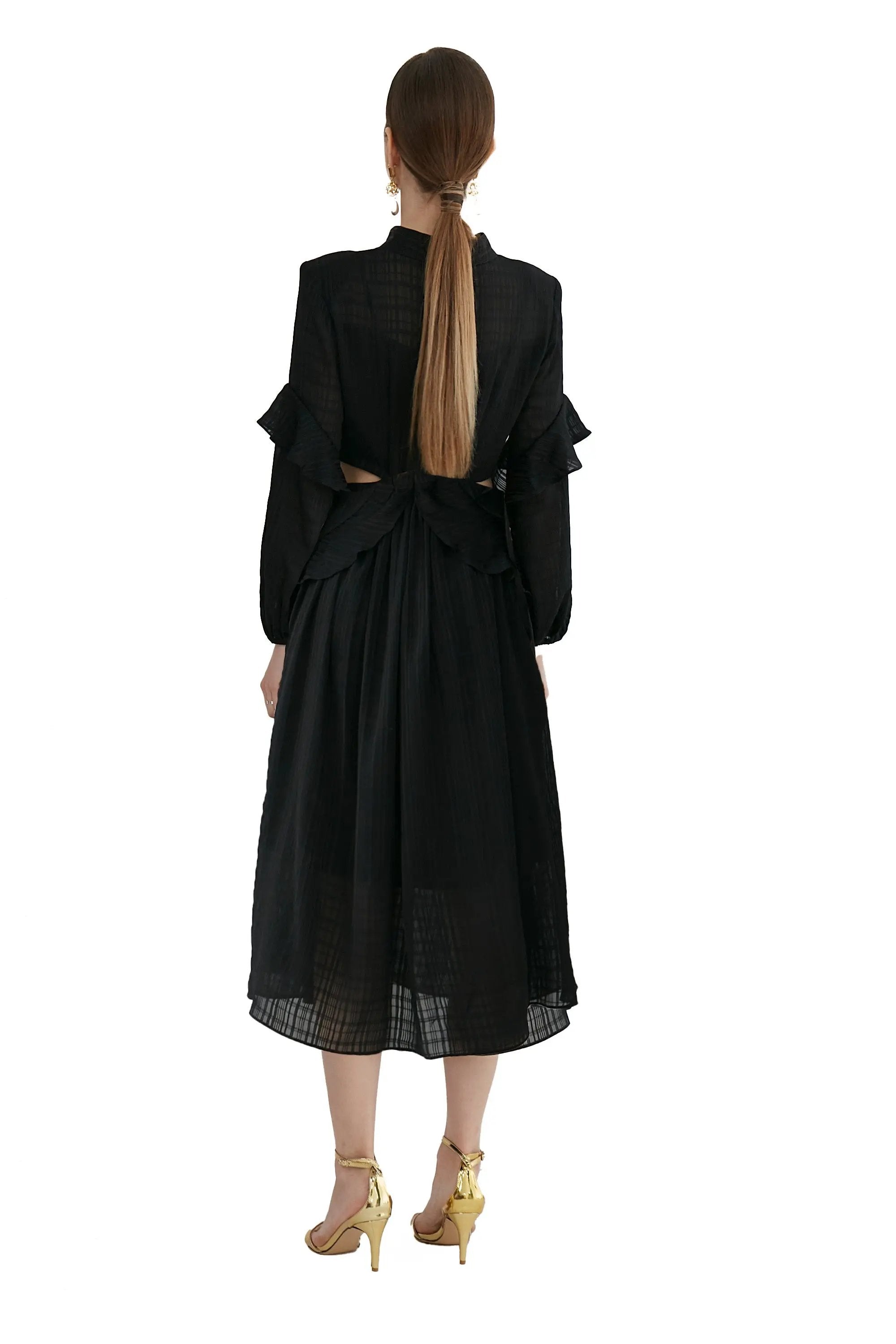 French Long-sleeved Pleated Waist-revealing Elegant Long Dress ULA