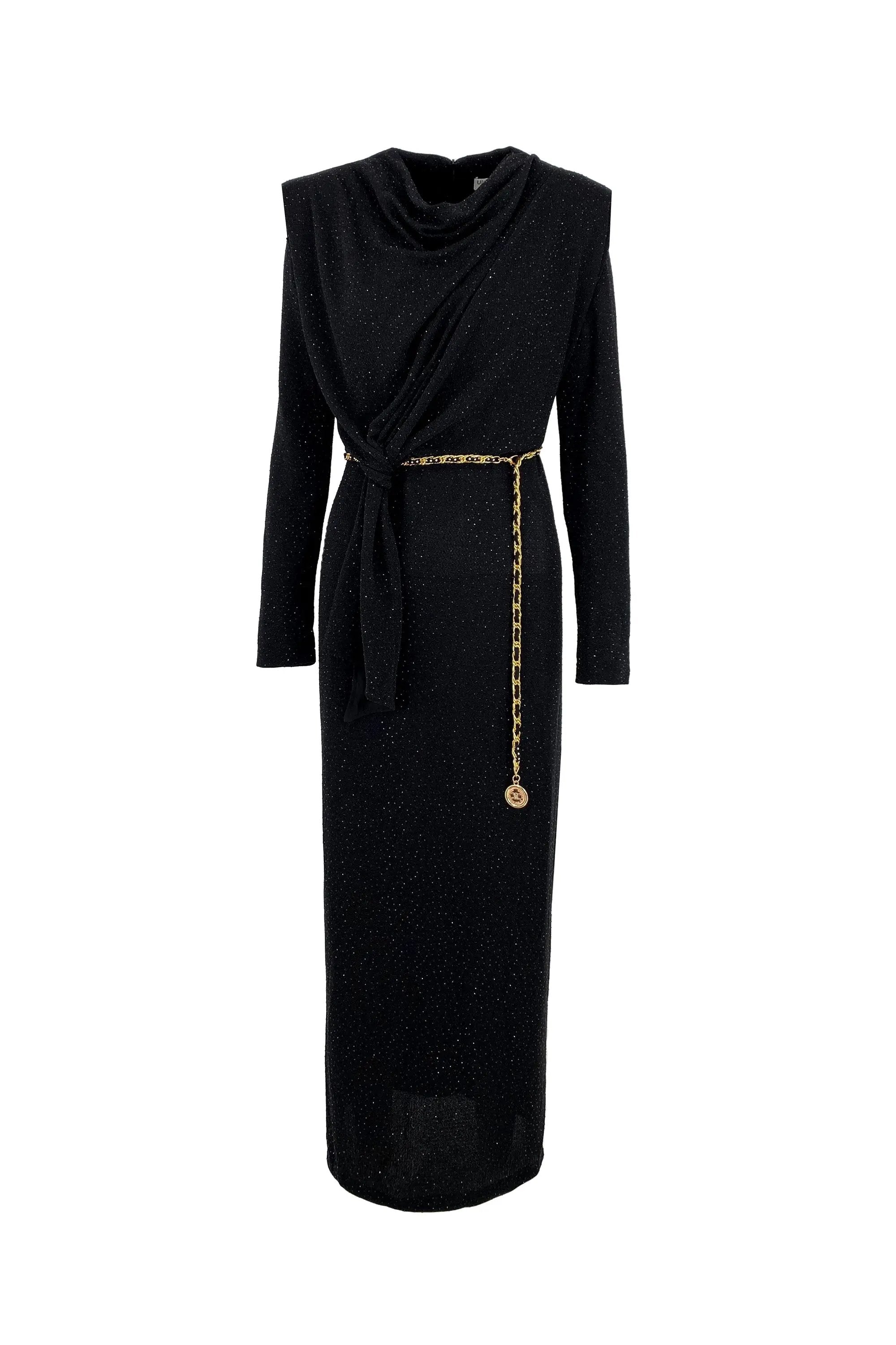 Sequined Wrap Dress with Gold Chain Belt ULA