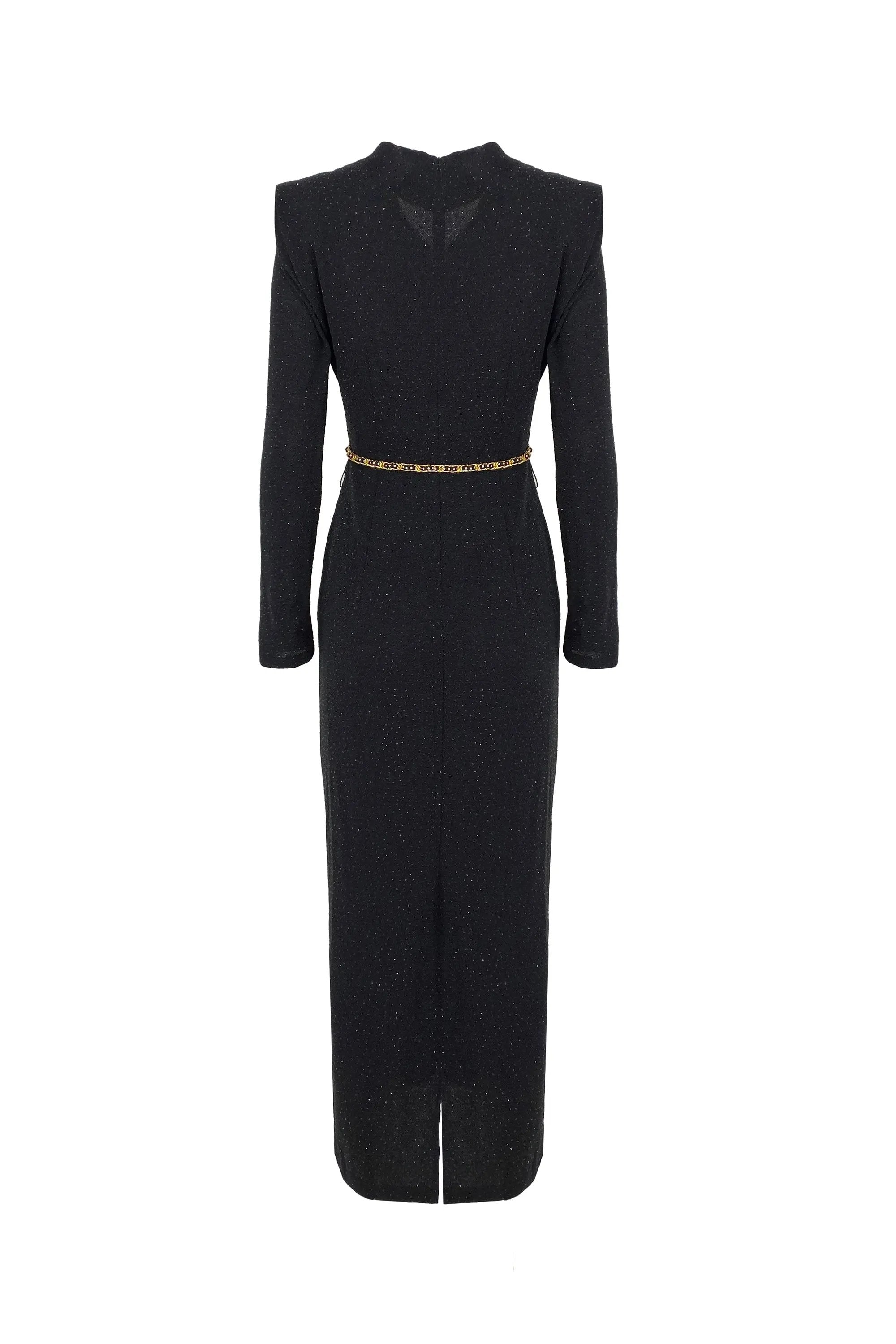 Sequined Wrap Dress with Gold Chain Belt ULA