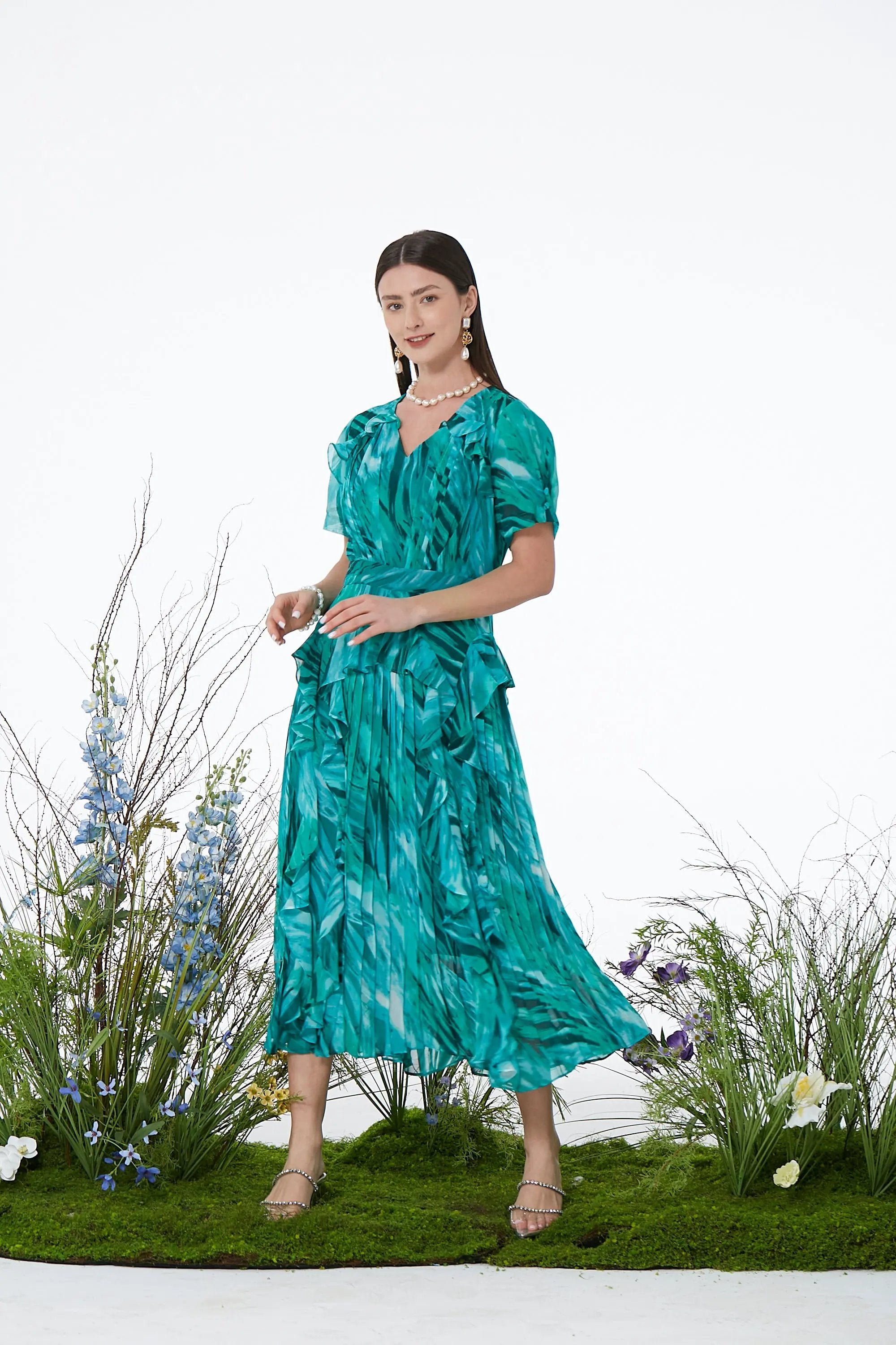 Ladies Summer Elegant V-Neck Ruffle Dress ULA