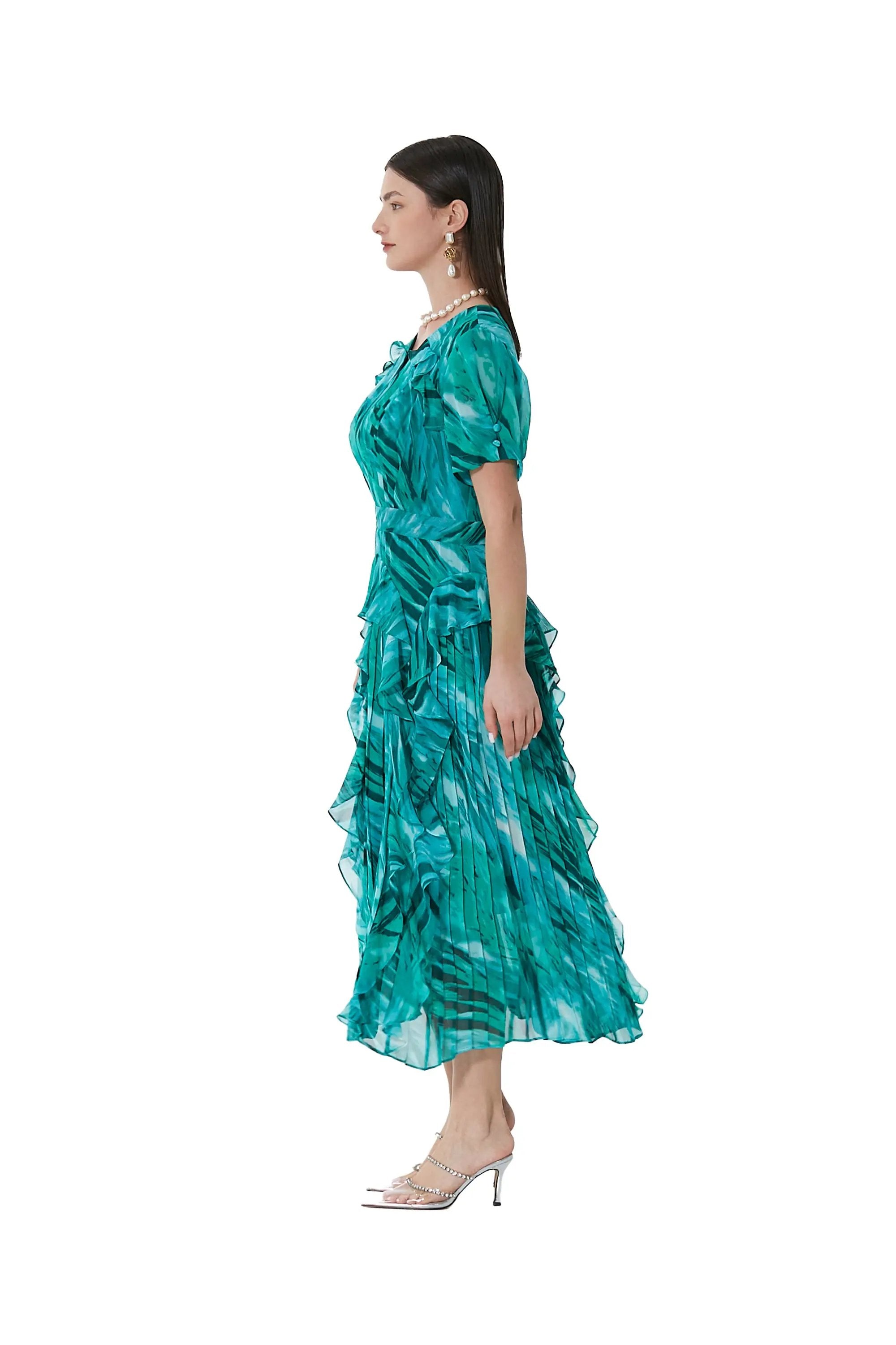 Ladies Summer Elegant V-Neck Ruffle Dress ULA