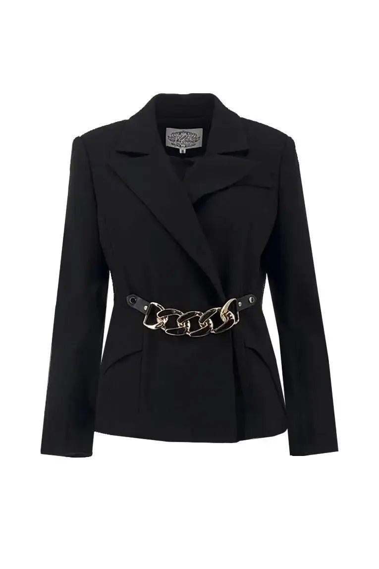 New V-neck waist tied long sleeved black suit dress temperament two-piece set ULA