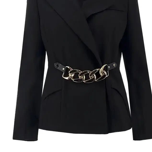 New V-neck waist tied long sleeved black suit dress temperament two-piece set ULA