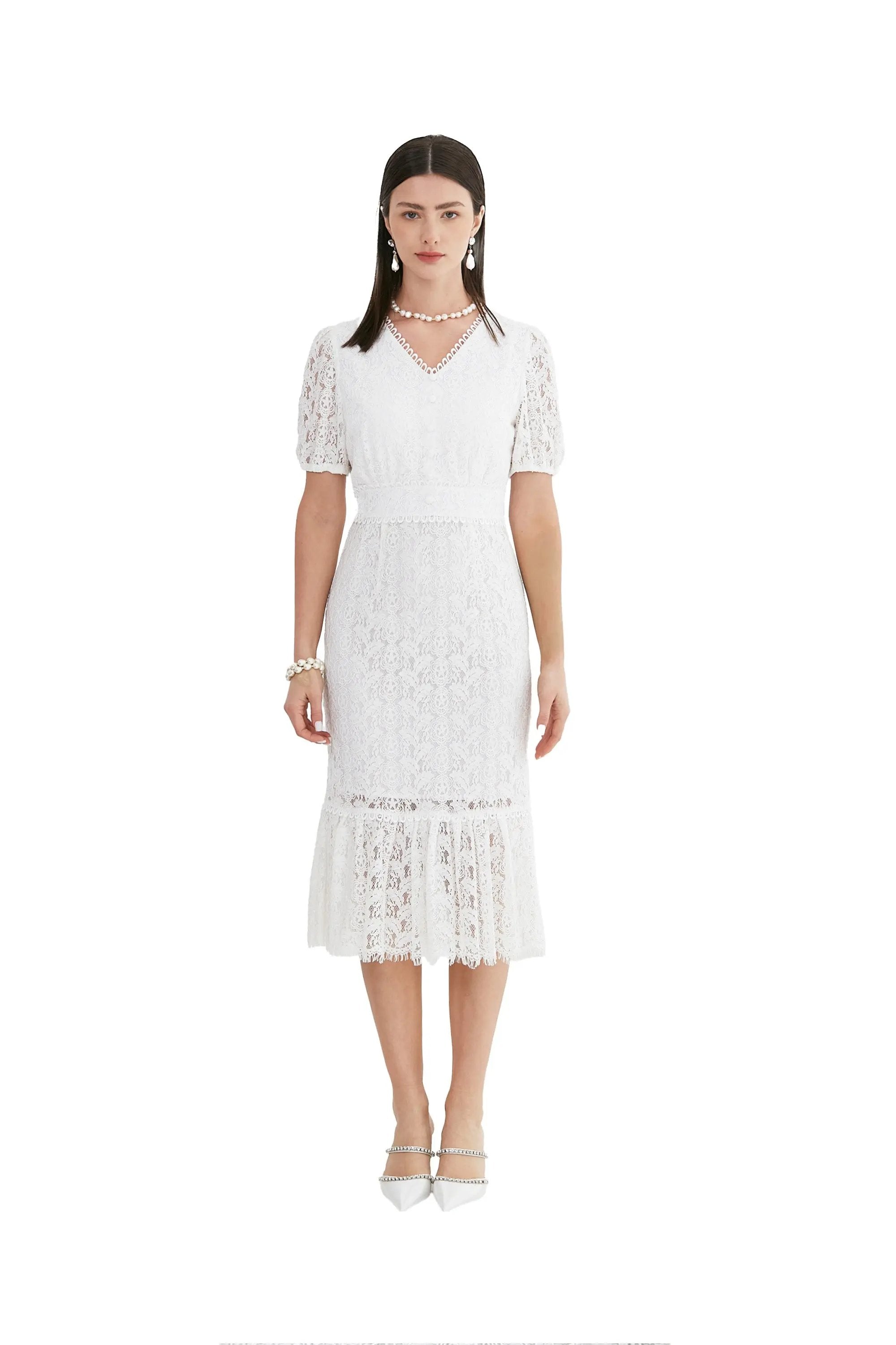 Elegant White and Pink Lace Midi Dress ULA