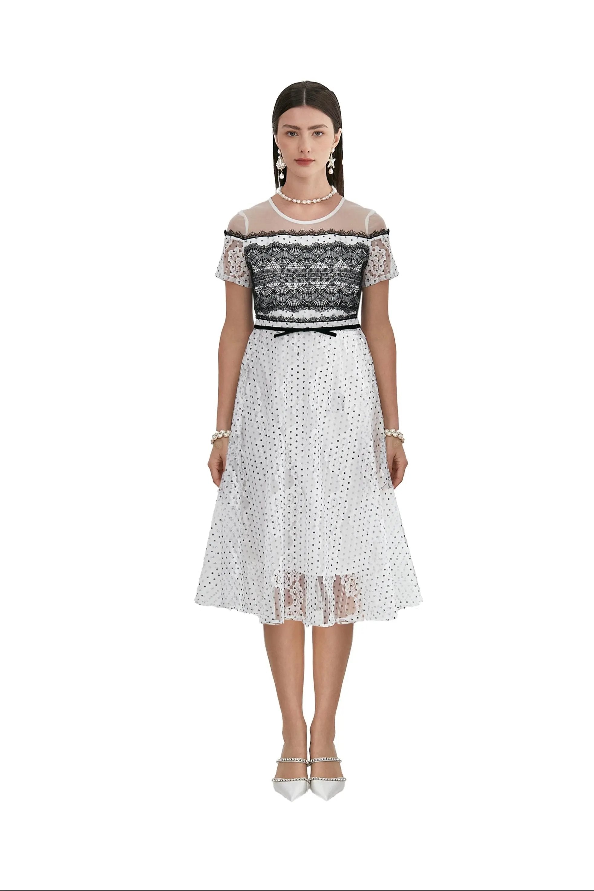 Charming Polka Dot and Lace Midi Dress ULA