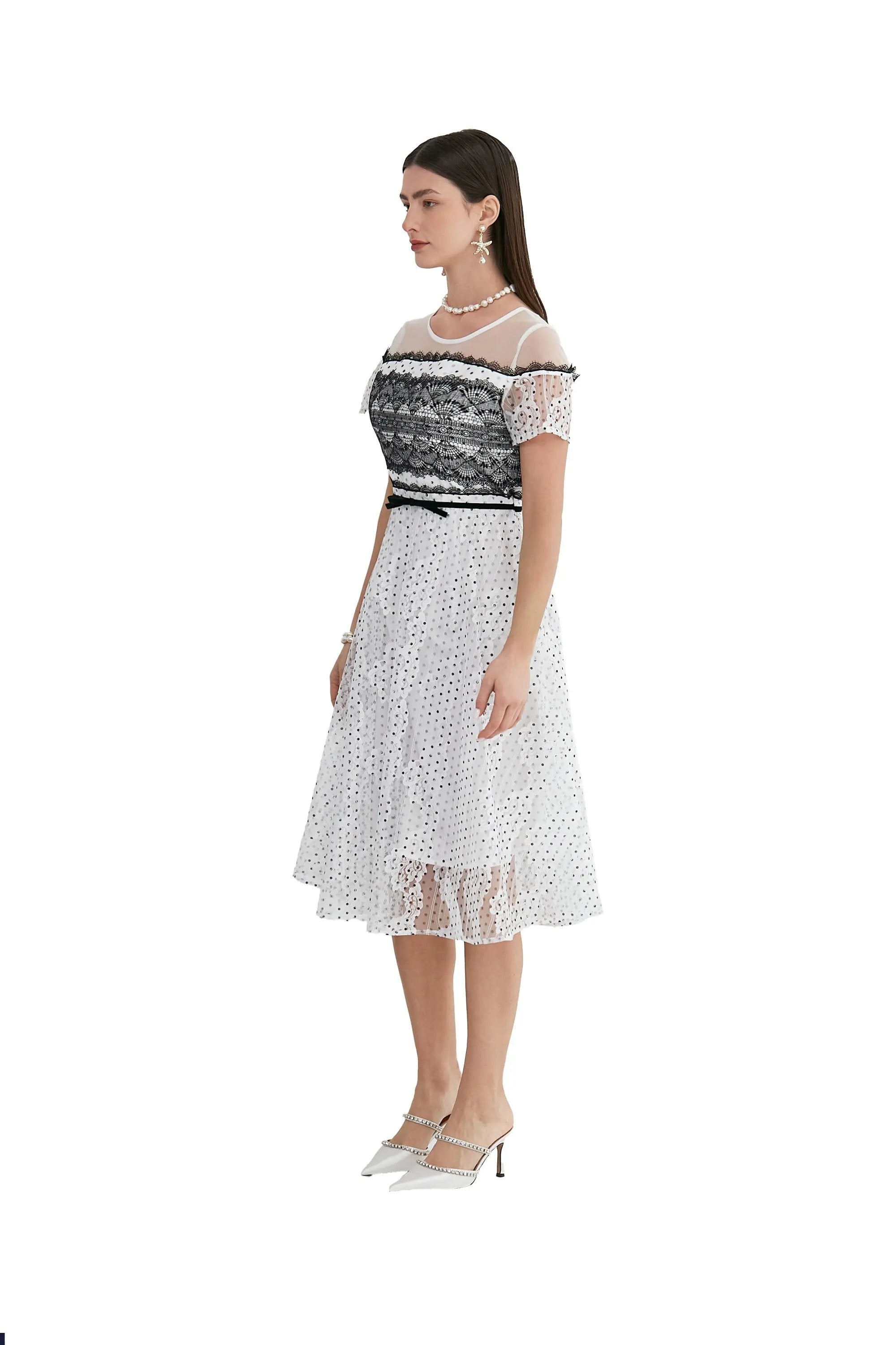 Charming Polka Dot and Lace Midi Dress ULA