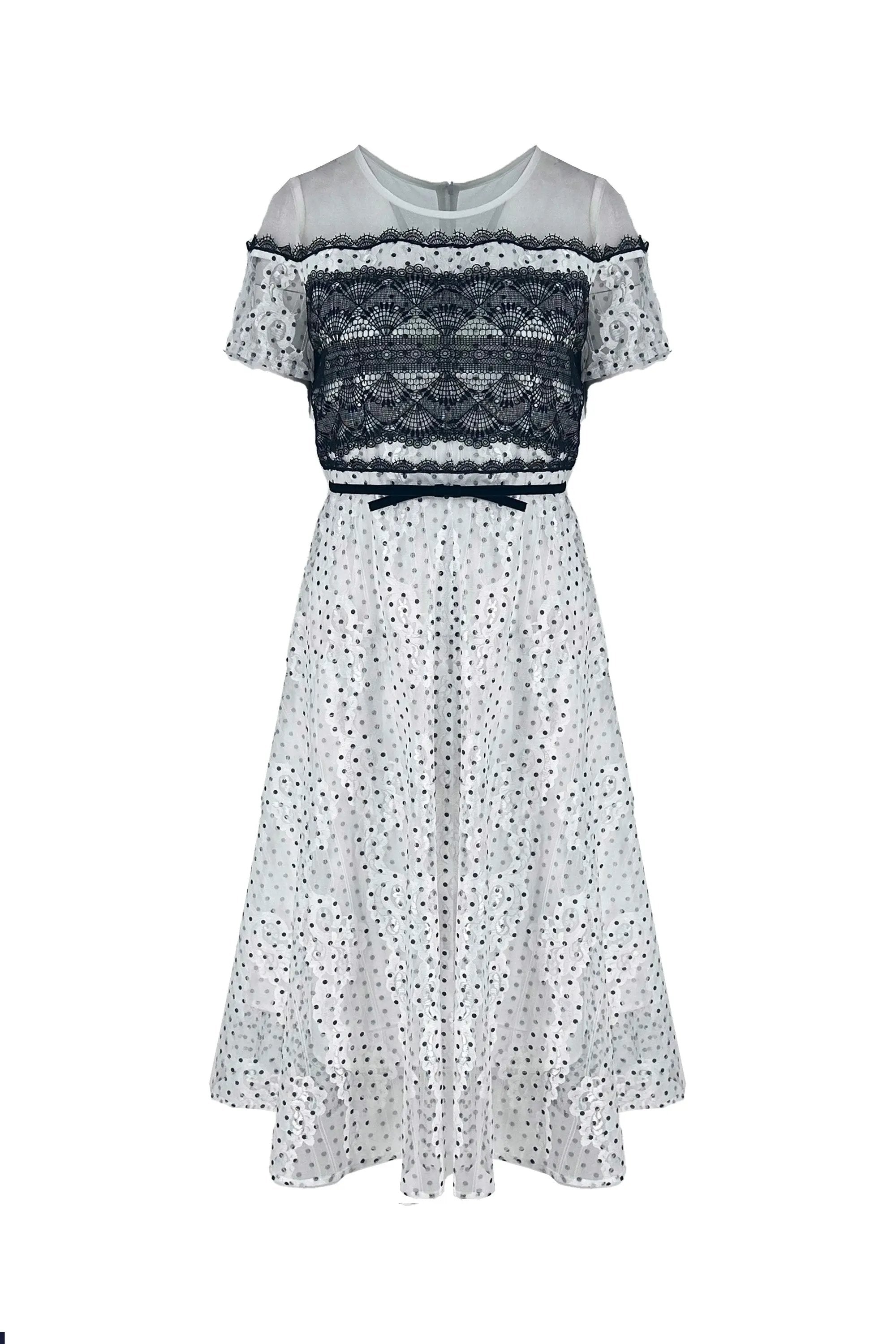 Charming Polka Dot and Lace Midi Dress ULA