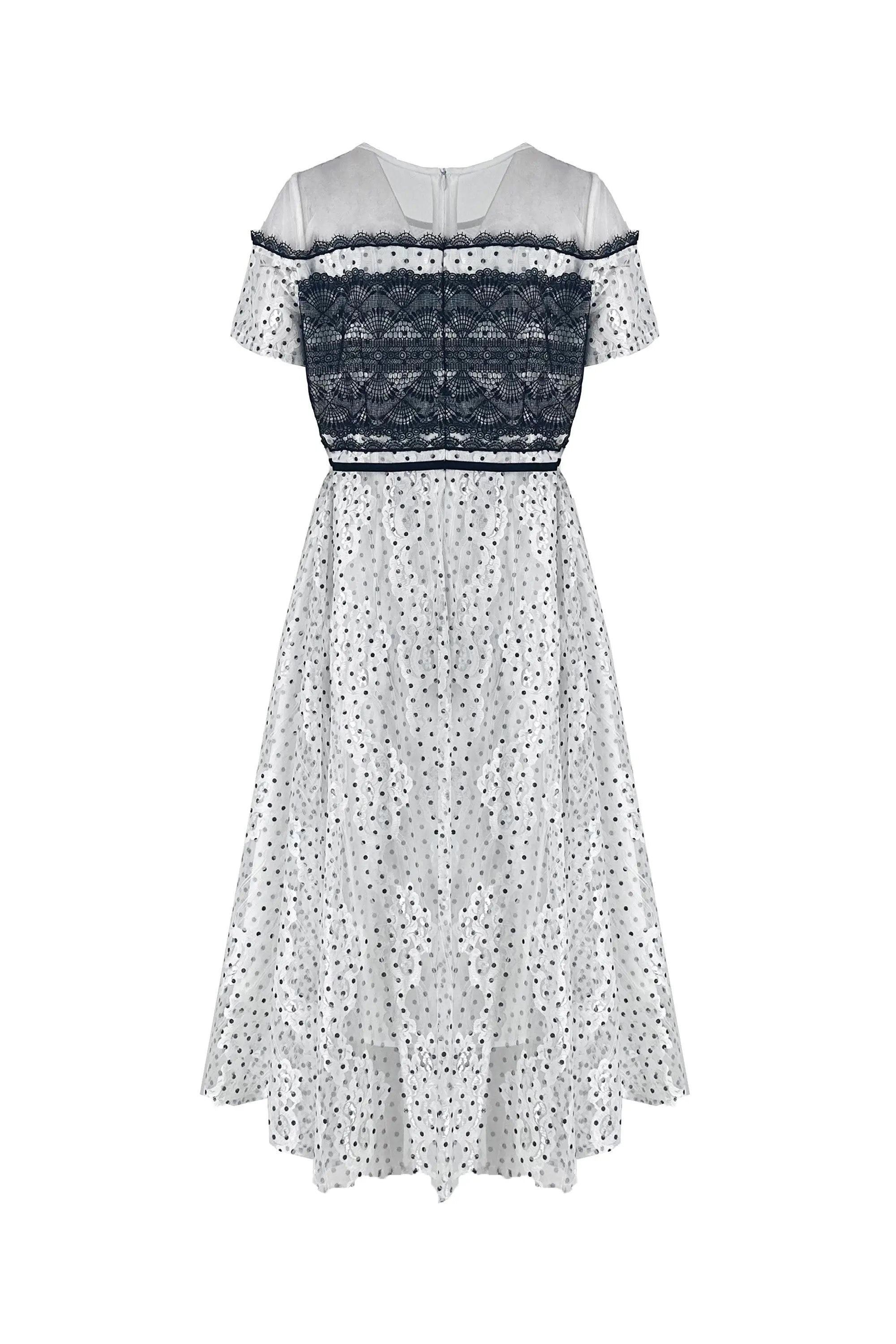 Charming Polka Dot and Lace Midi Dress ULA