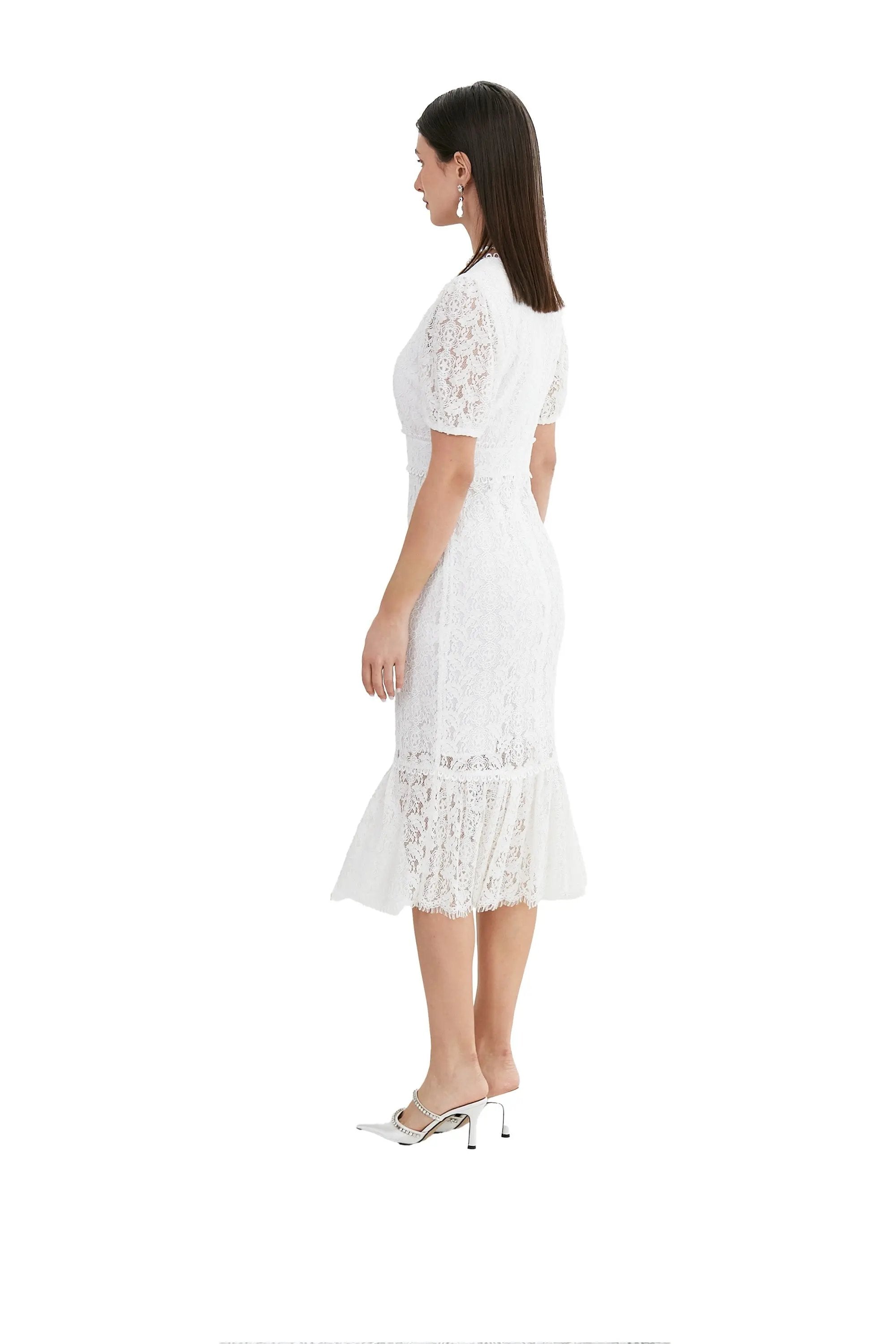 Elegant White and Pink Lace Midi Dress ULA