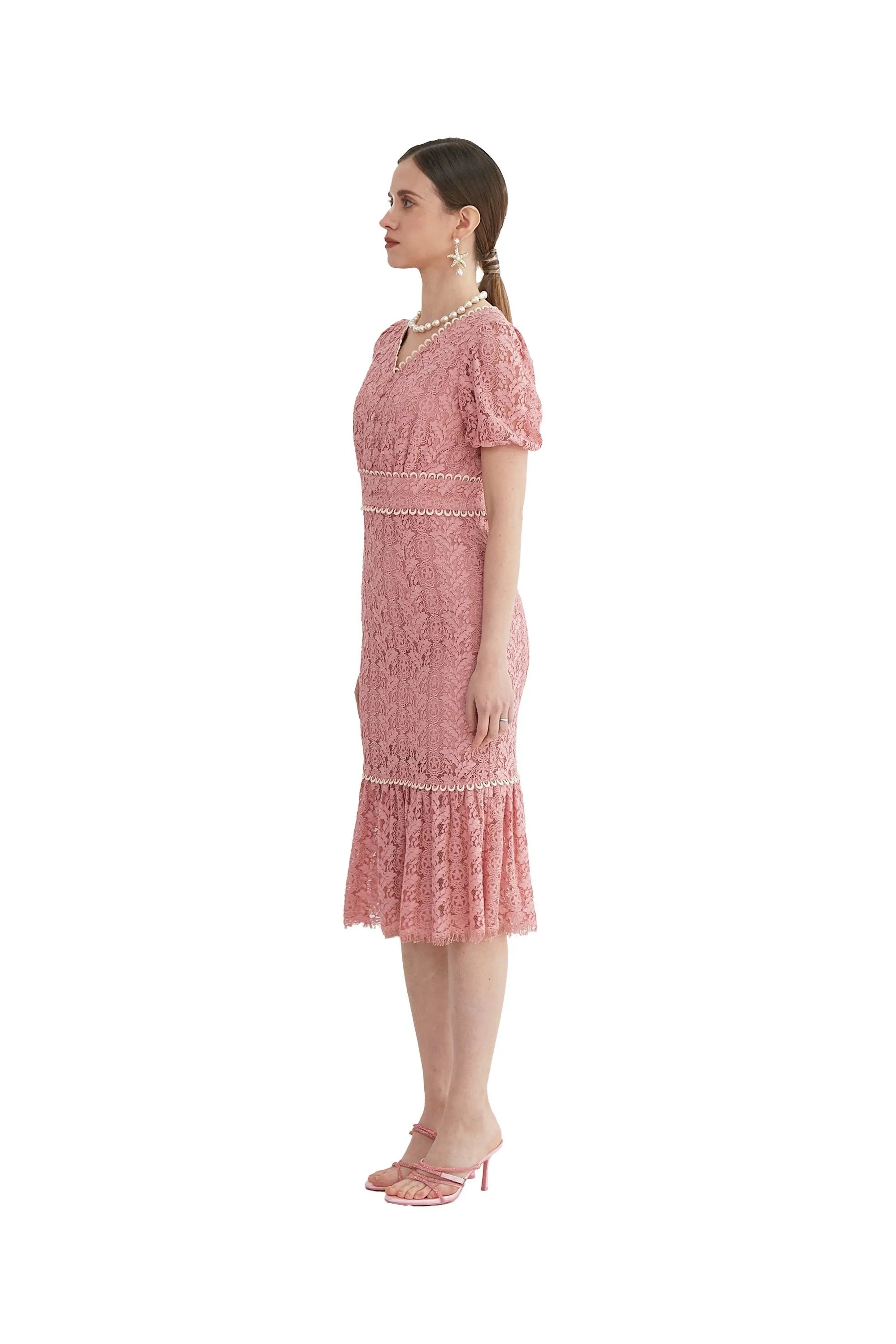 Elegant White and Pink Lace Midi Dress ULA