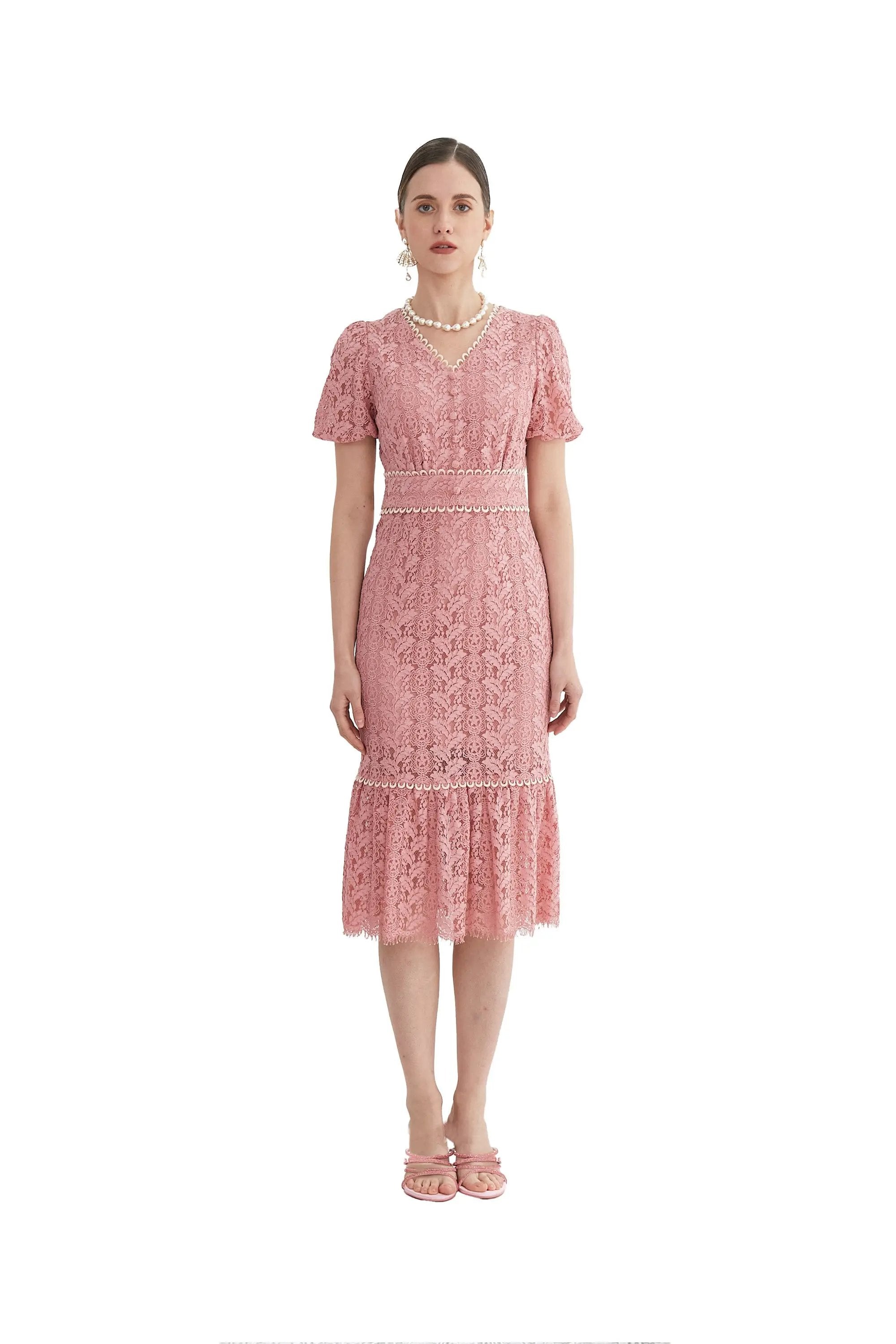 Elegant White and Pink Lace Midi Dress ULA