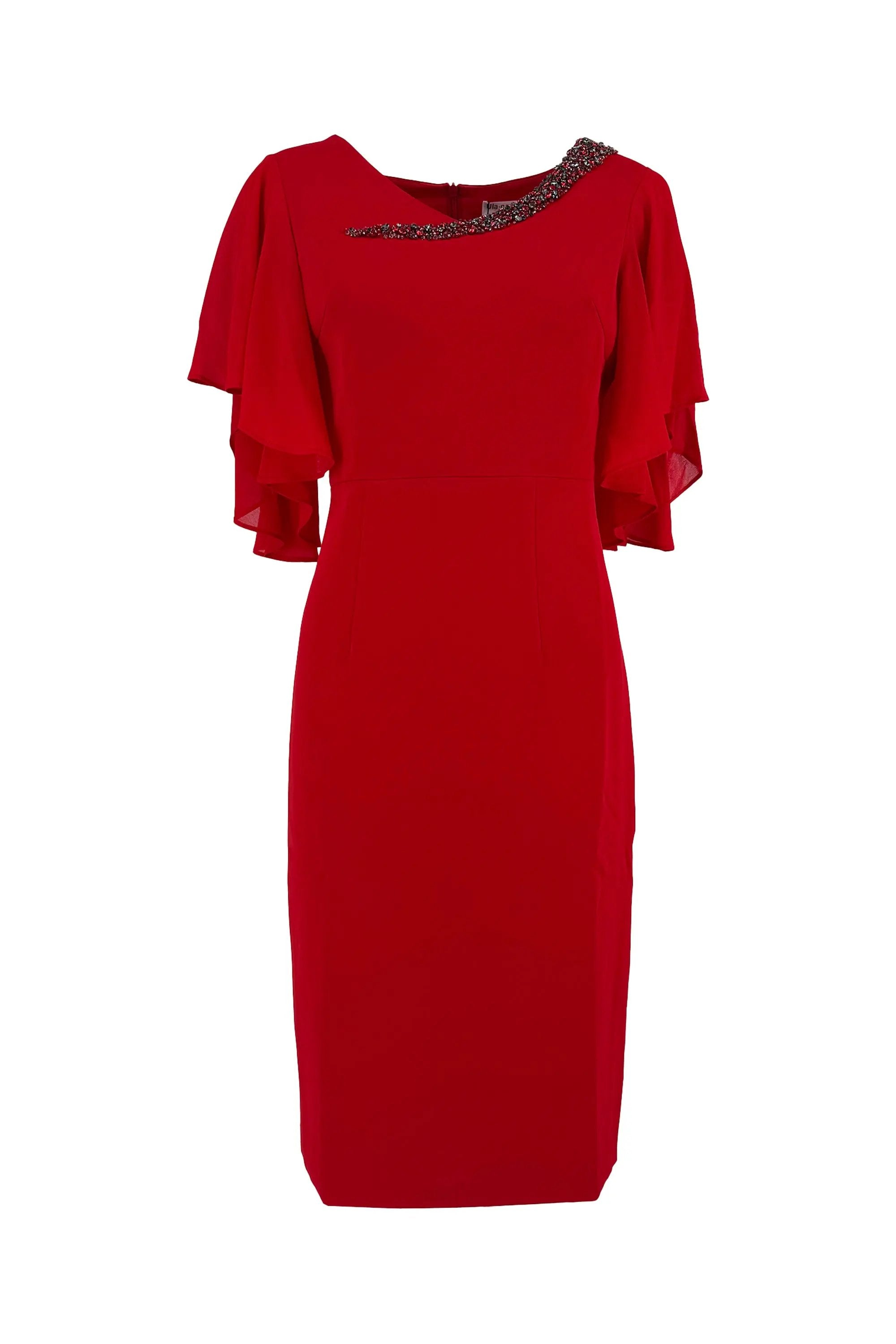 Elegant Red Sheath Dress with Ruffled Sleeves ULA