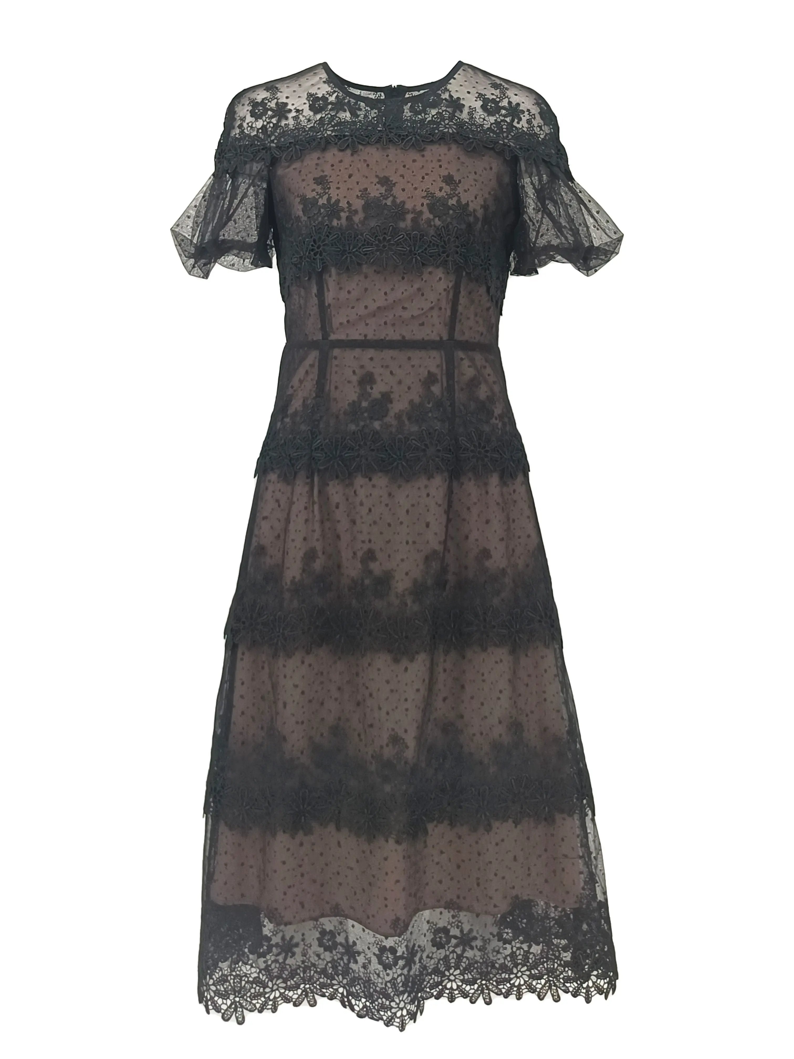 Large size women's summer short sleeved design with a waist cinching temperament, lace long dress for chubby girl, slim and retro dress ULA