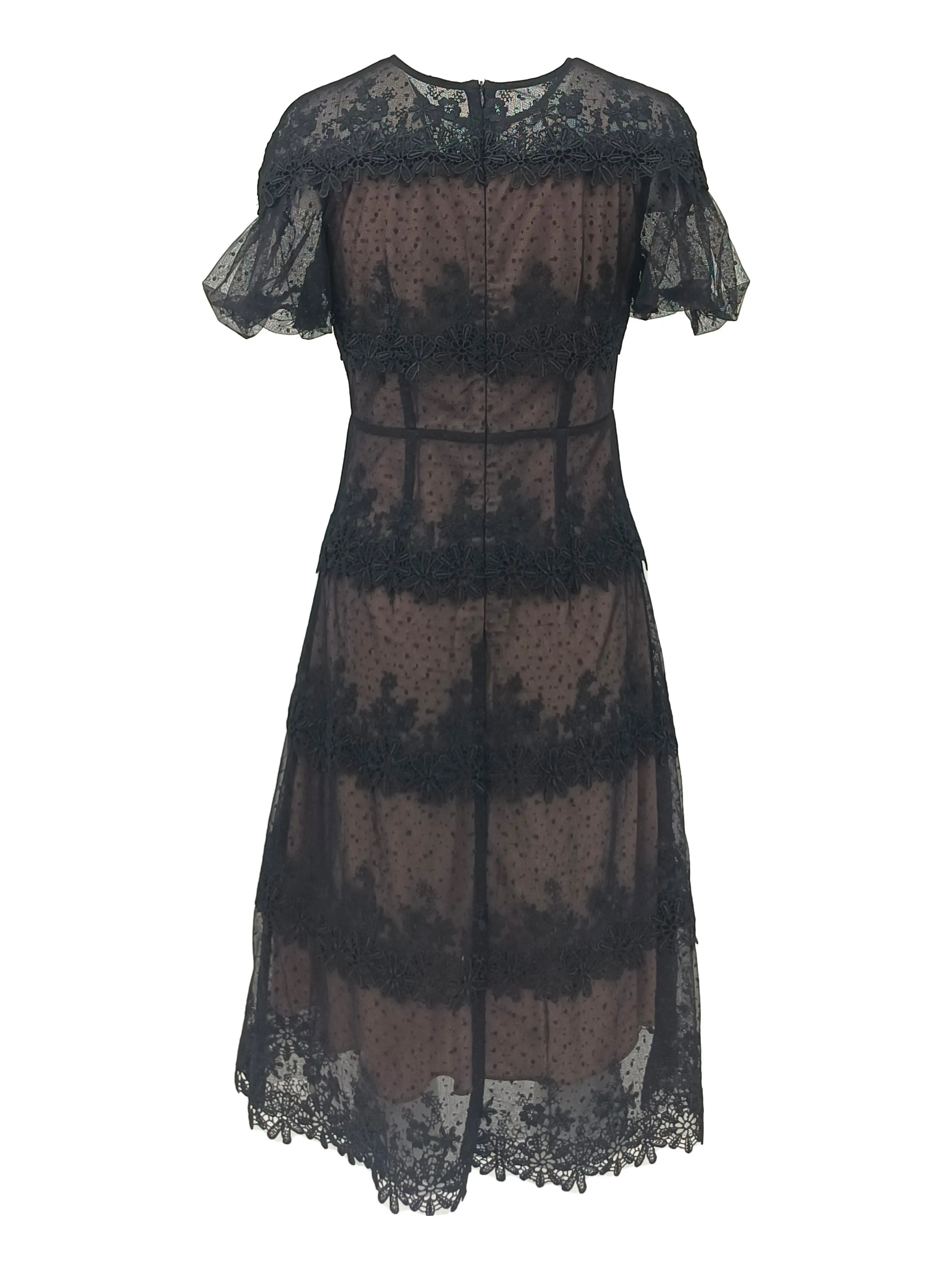 Large size women's summer short sleeved design with a waist cinching temperament, lace long dress for chubby girl, slim and retro dress ULA