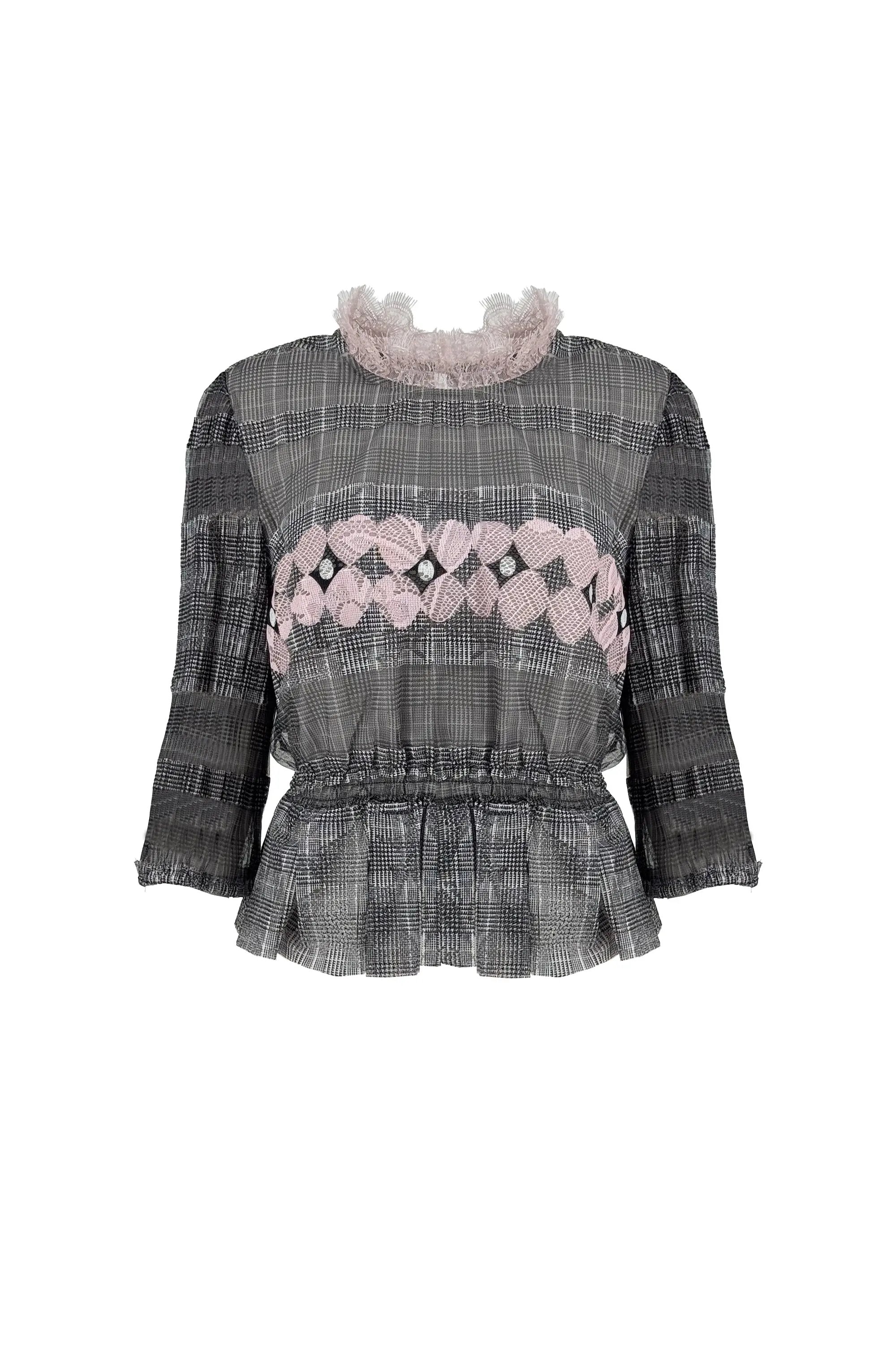 Stylish Ensemble: Plaid Sheer Peplum Top with Asymmetric - hem Pink Trousers ULA