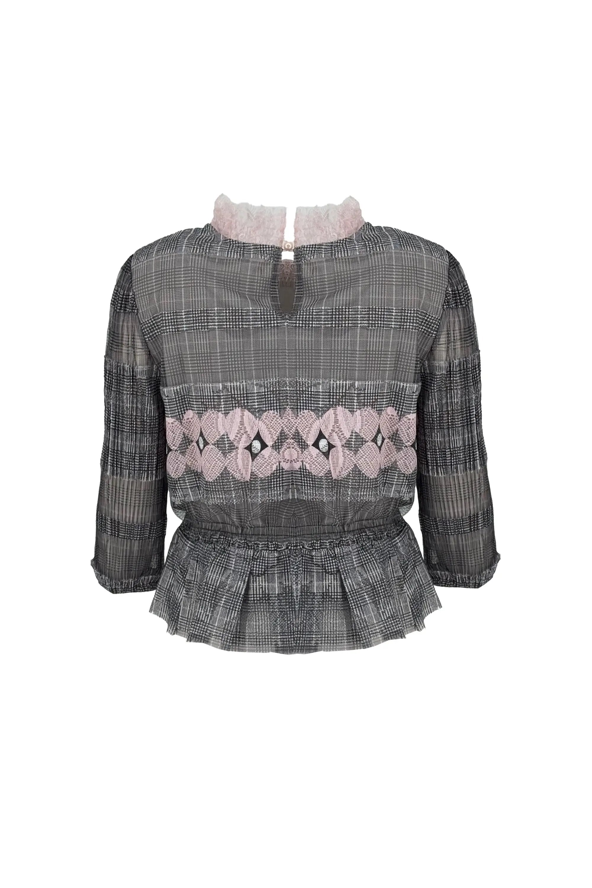 Stylish Ensemble: Plaid Sheer Peplum Top with Asymmetric - hem Pink Trousers ULA
