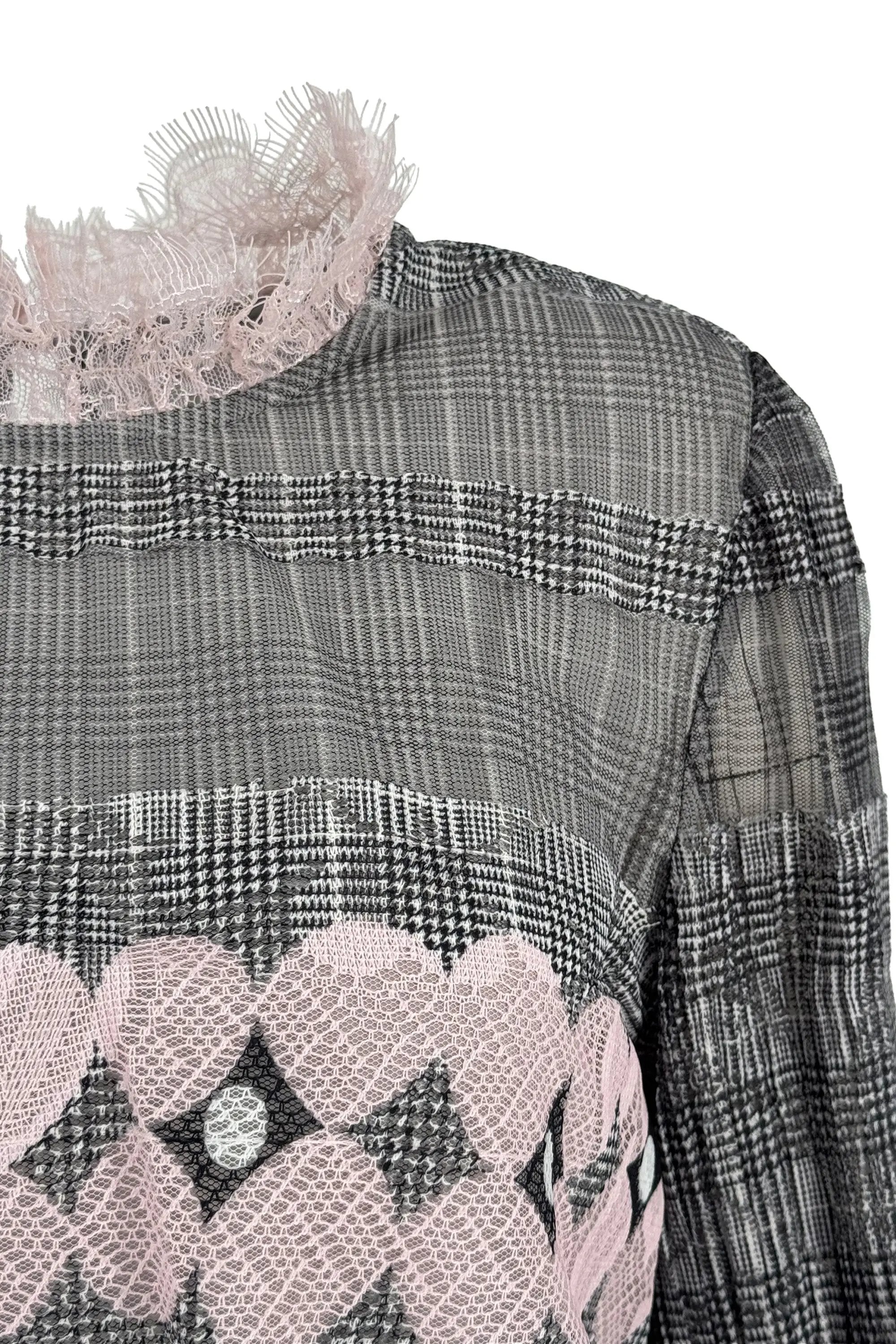 Stylish Ensemble: Plaid Sheer Peplum Top with Asymmetric - hem Pink Trousers ULA