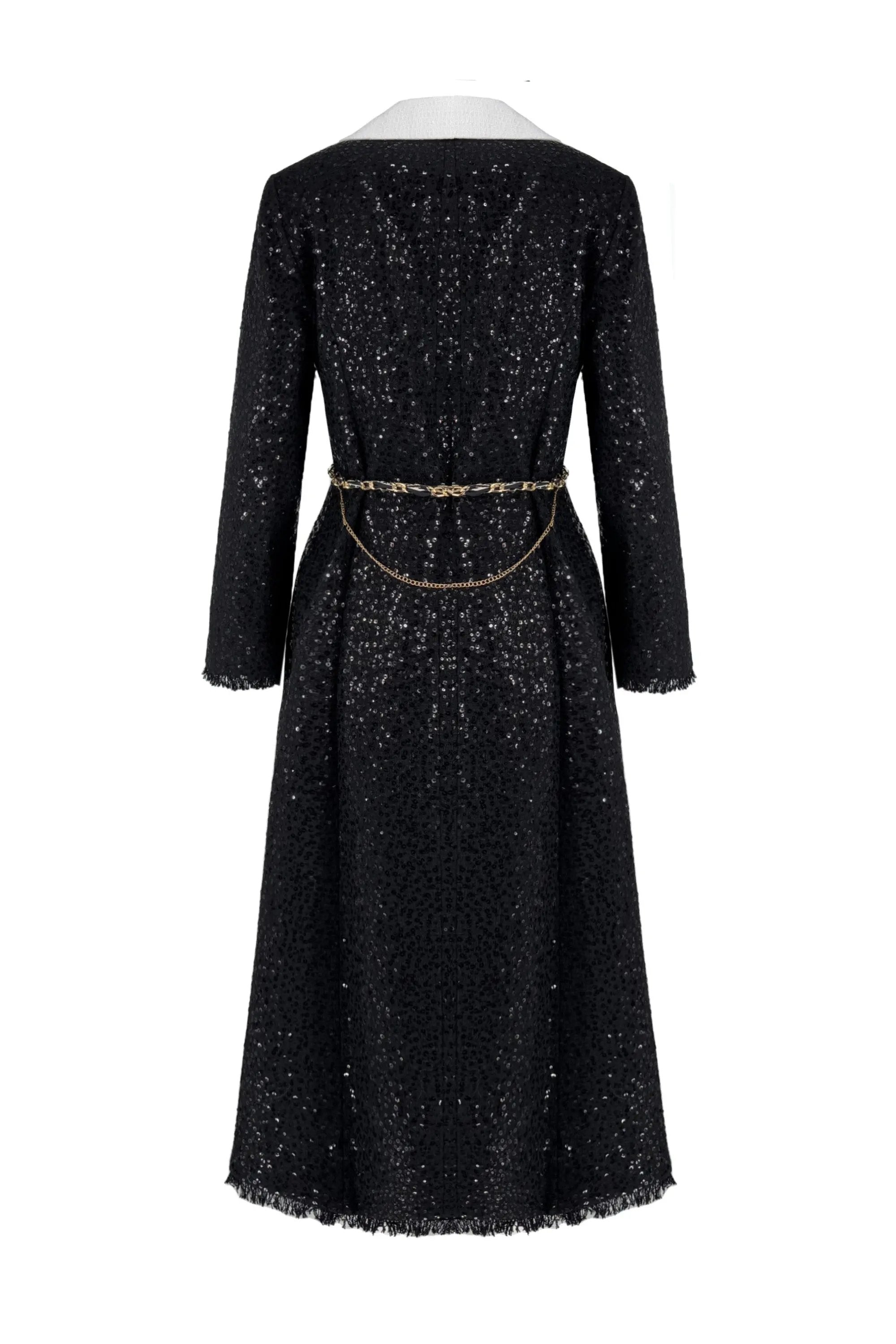 Glamorous Black Sparkle Coat with White Collar and Leopard Print Belt ULA