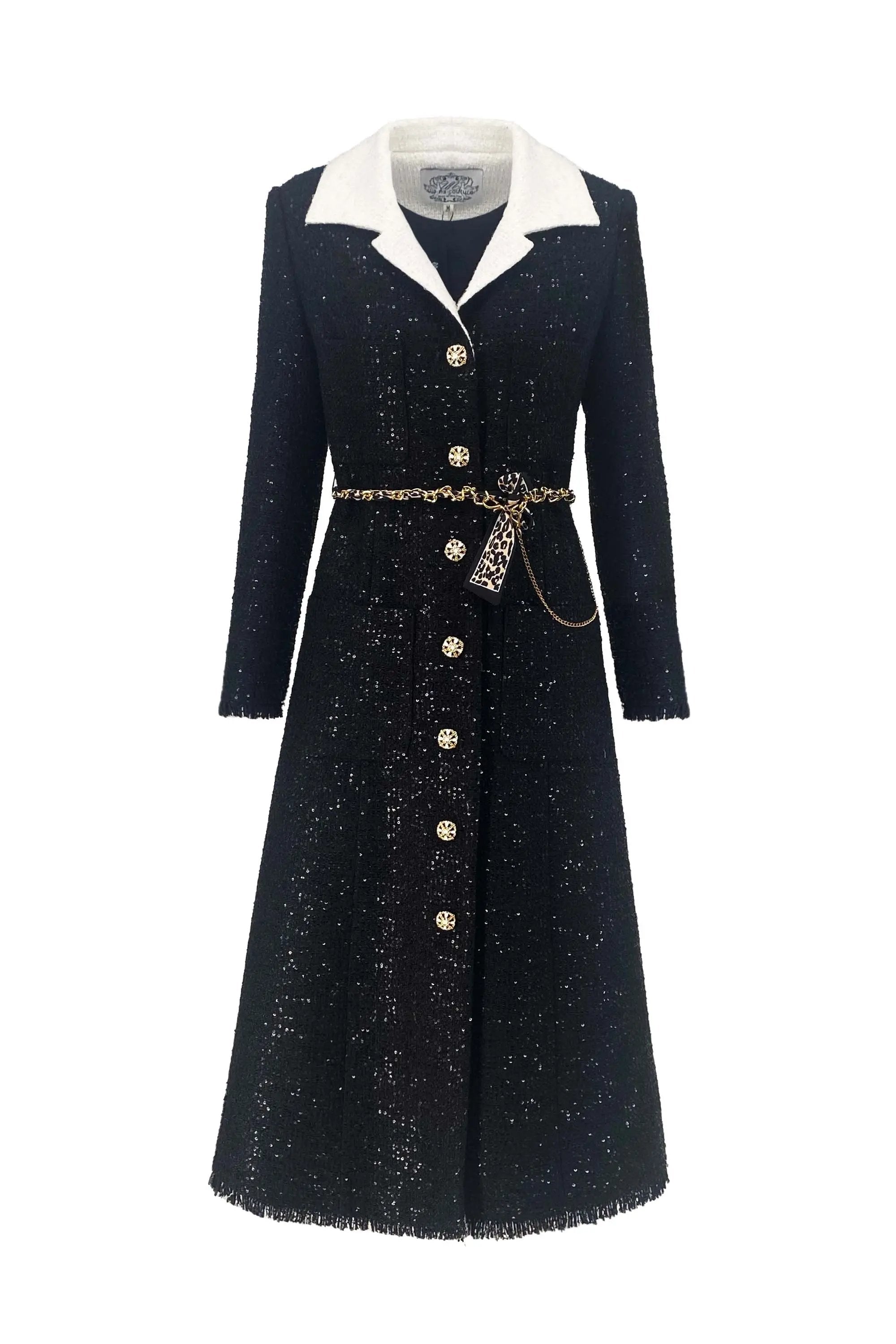 Glamorous Black Sparkle Coat with White Collar and Leopard Print Belt ULA