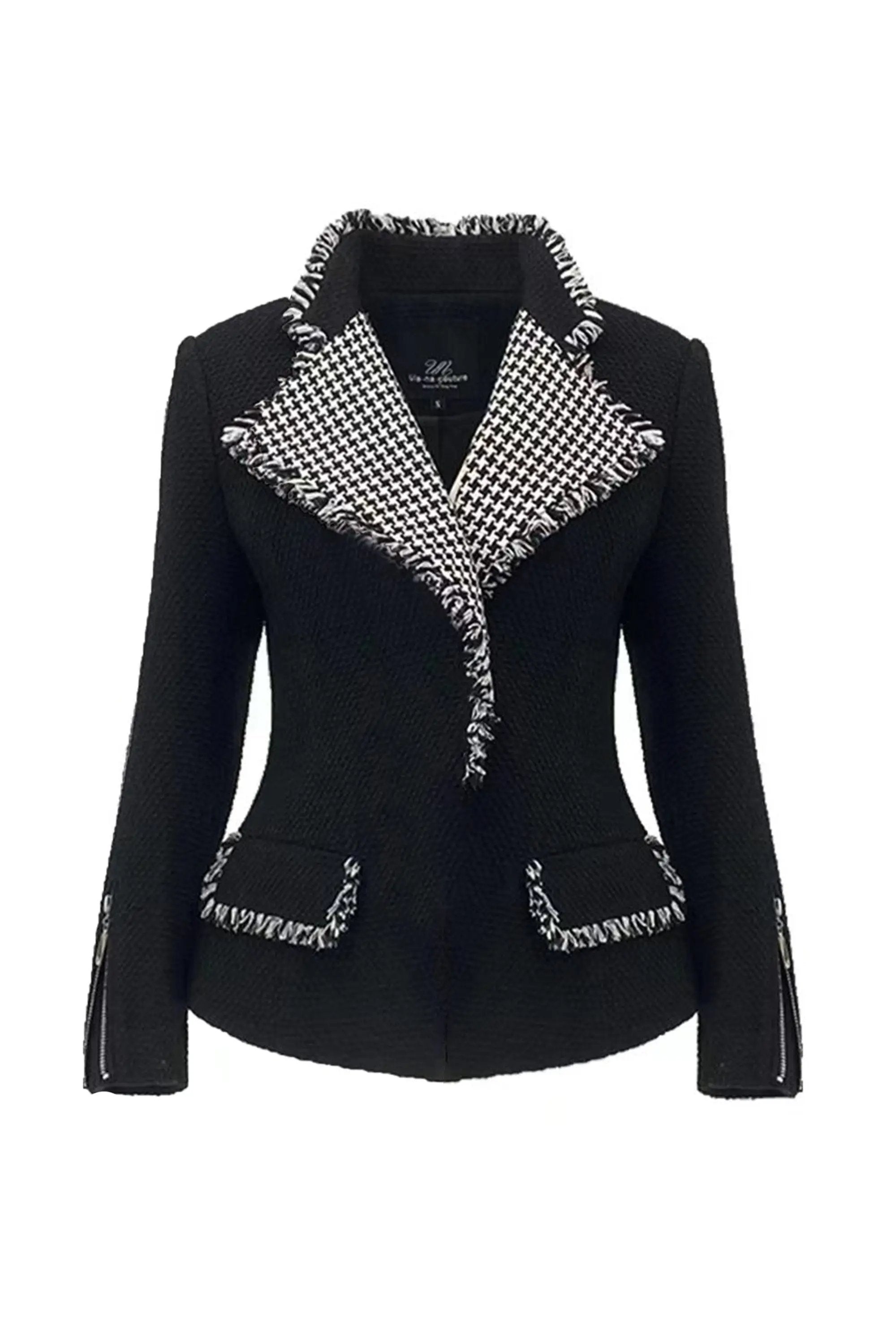Stylish Black and White Houndstooth Blazer with Frayed Trim ULA