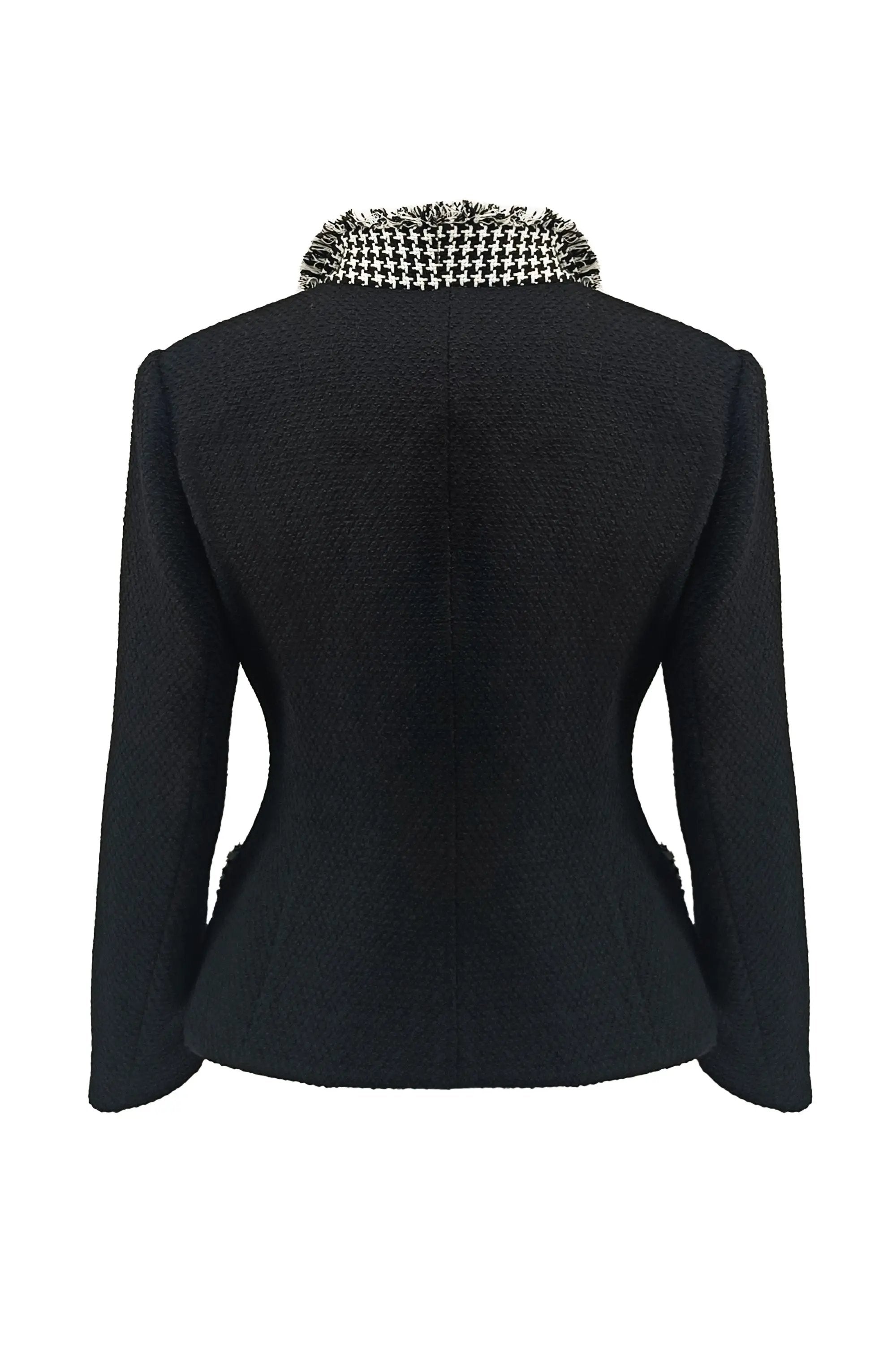 Stylish Black and White Houndstooth Blazer with Frayed Trim ULA