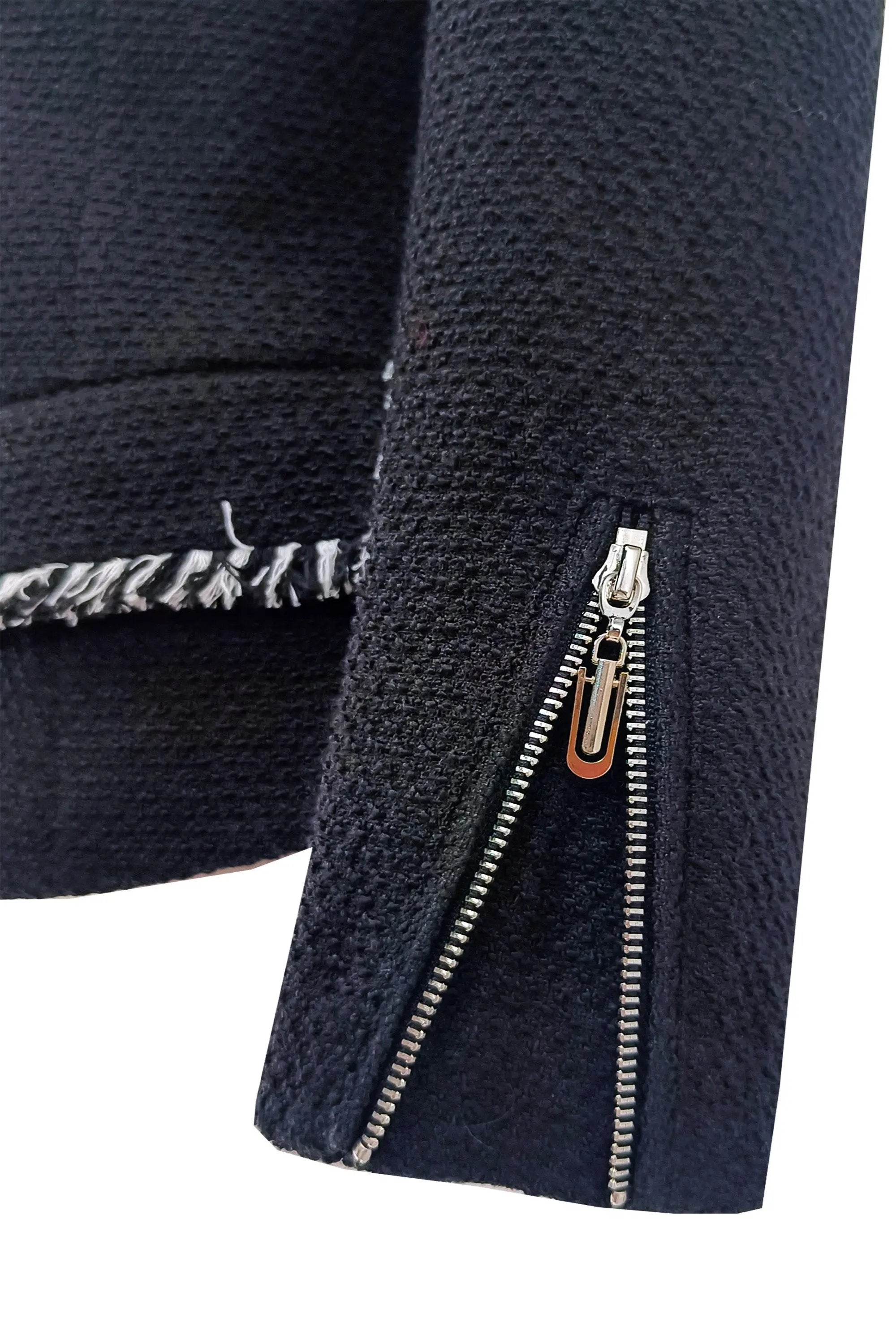 Stylish Black and White Houndstooth Blazer with Frayed Trim ULA